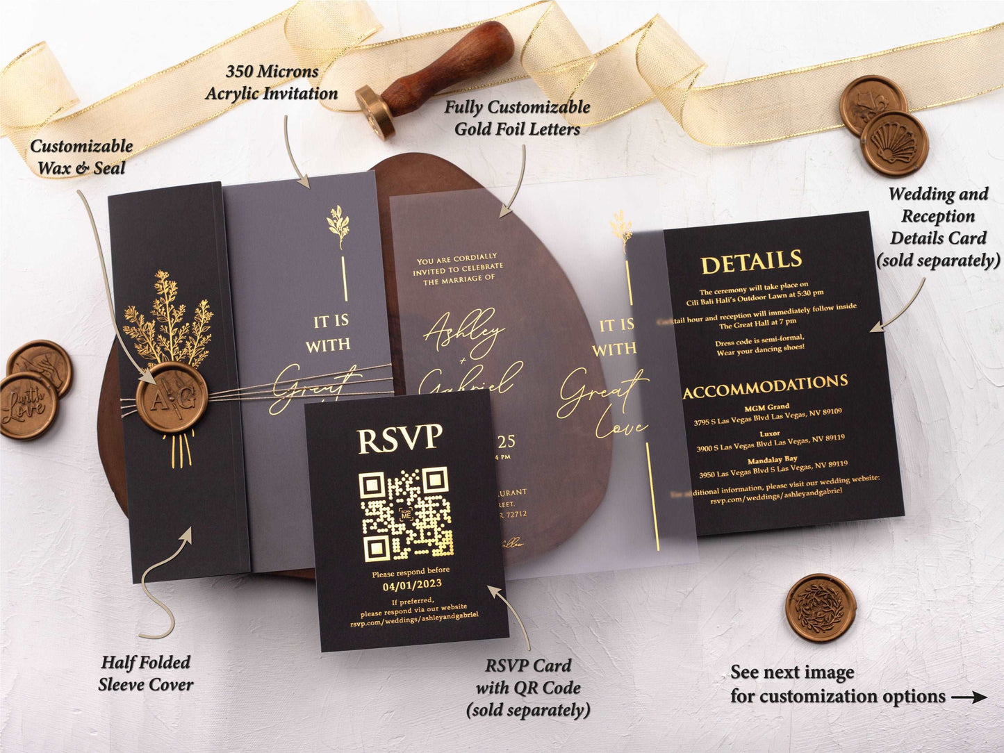 Acrylic Wedding Invitation with Black Folded Jacket and Gold Foil - LA Invitations Co