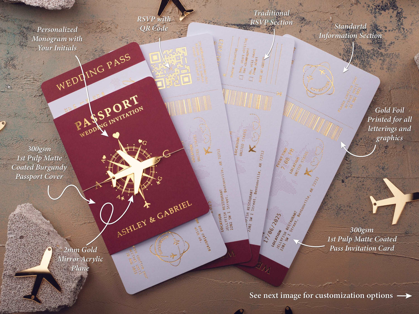 Custom Burgundy and Gold Foil Boarding Pass Wedding Invitation