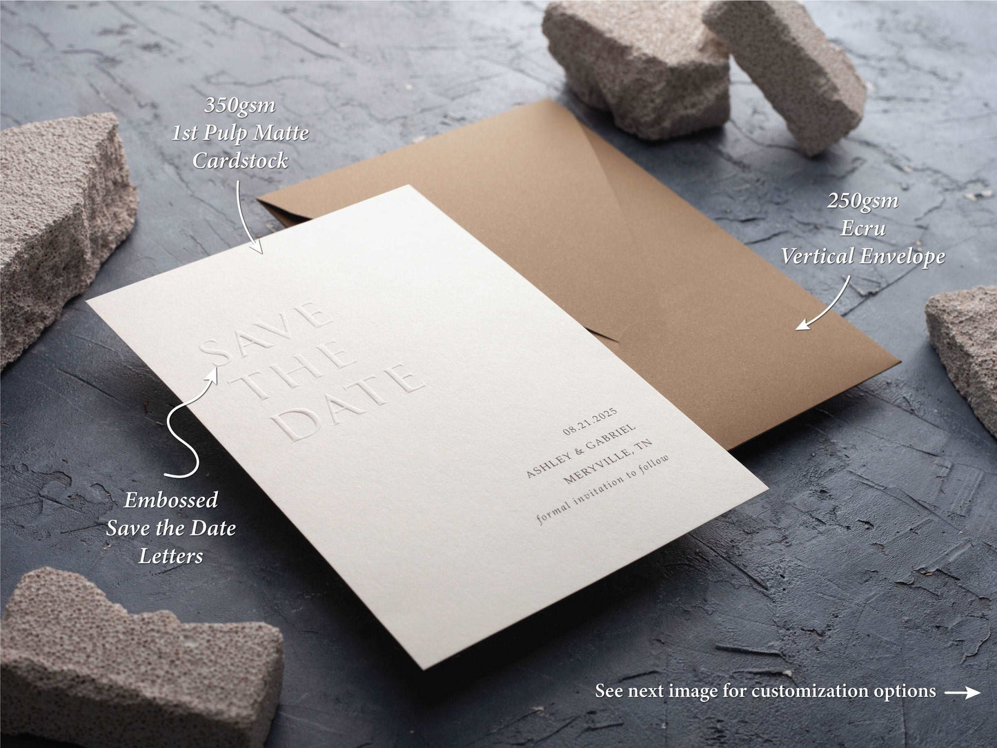Minimal Save the Date Featuring Embossed Design and Envelope