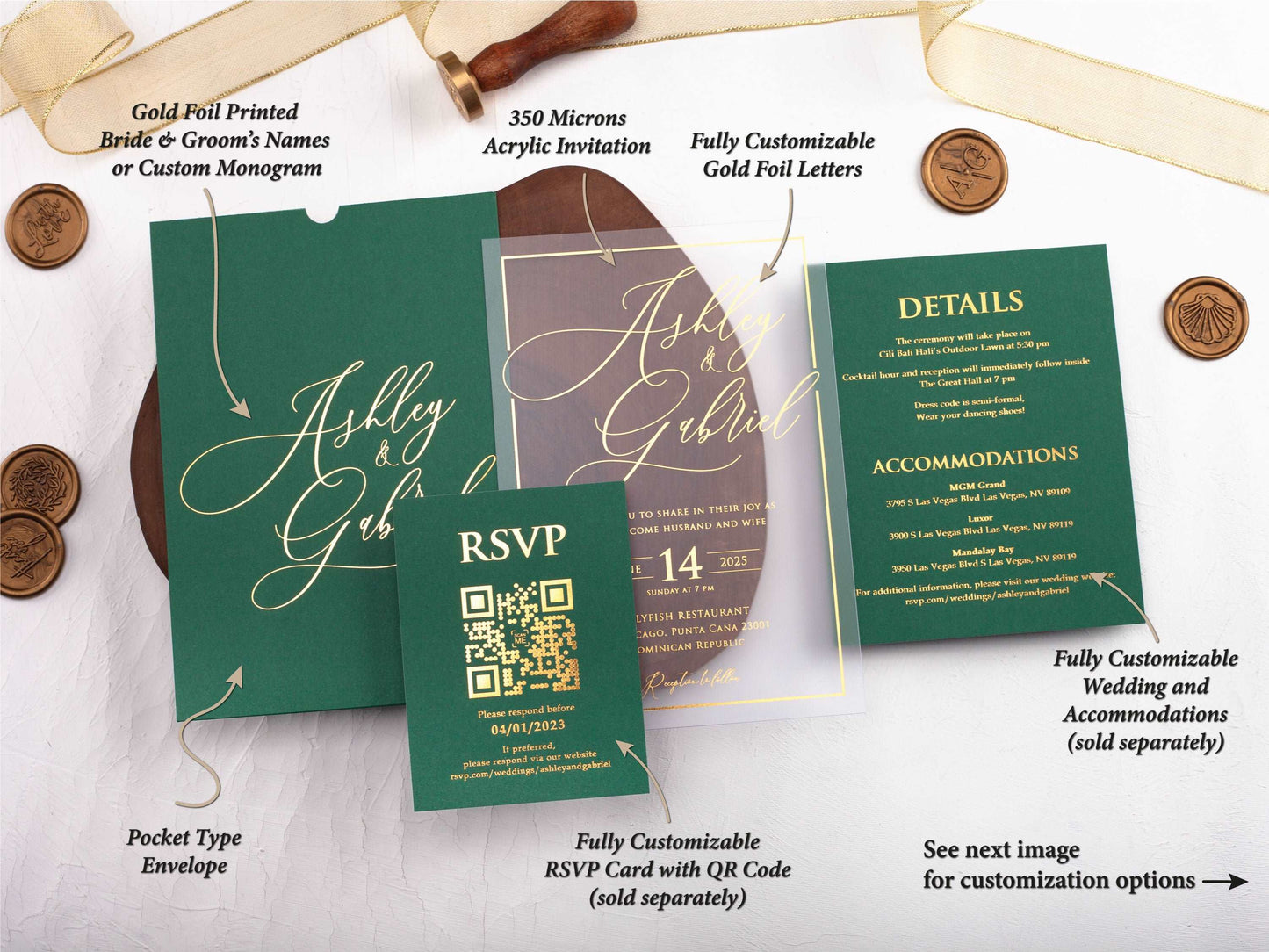 Acrylic Wedding Invitation with Gold Foil and Emerald Green Envelope