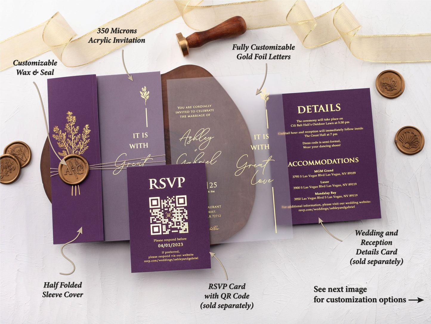 Purple and Gold Acrylic Invitation with Folded Jacket - LA Invitations Co