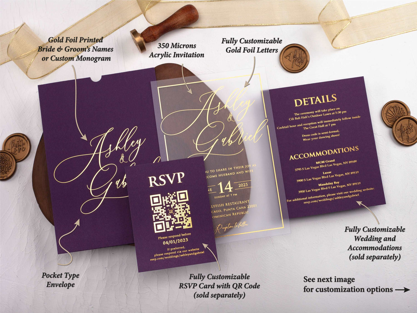 Acrylic Wedding Invitation with Purple Envelope and Gold Foil - LA Invitations Co