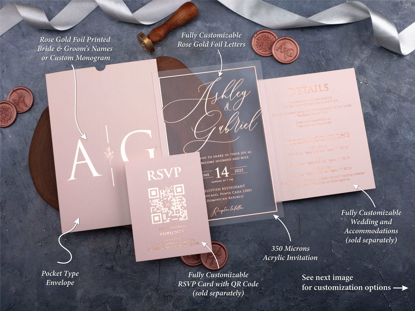Acrylic Wedding Invitation with Rose Gold Foil and Pink Envelope