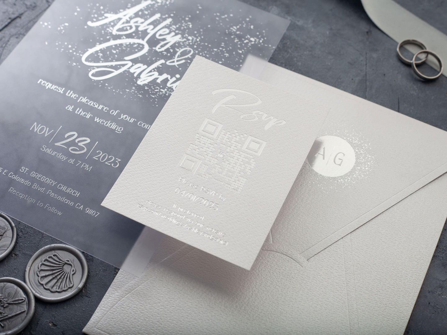 Modern Acrylic Wedding Invitation with Silver Foil and White Envelope
