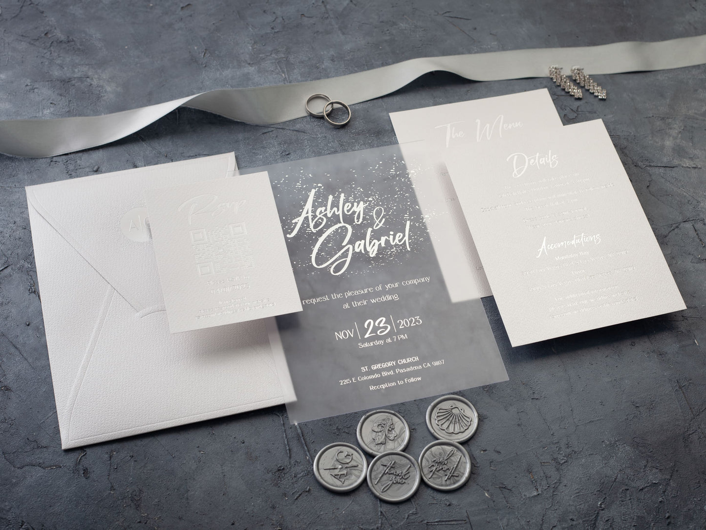 Modern Acrylic Wedding Invitation with Silver Foil and White Envelope