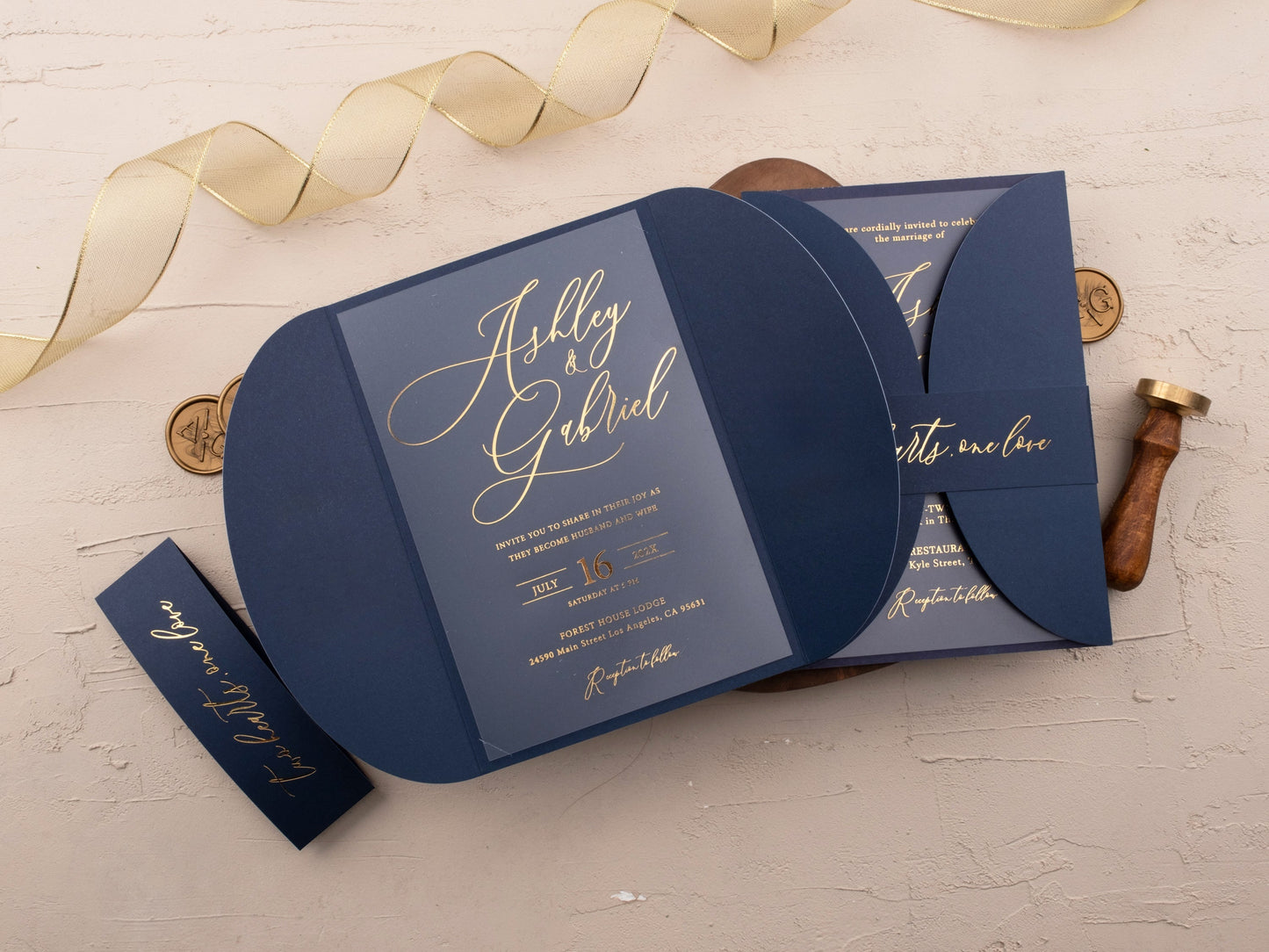 Luxurious Acrylic Card with Gold Foil and Classic Navy Gatefold - LA Invitations Co