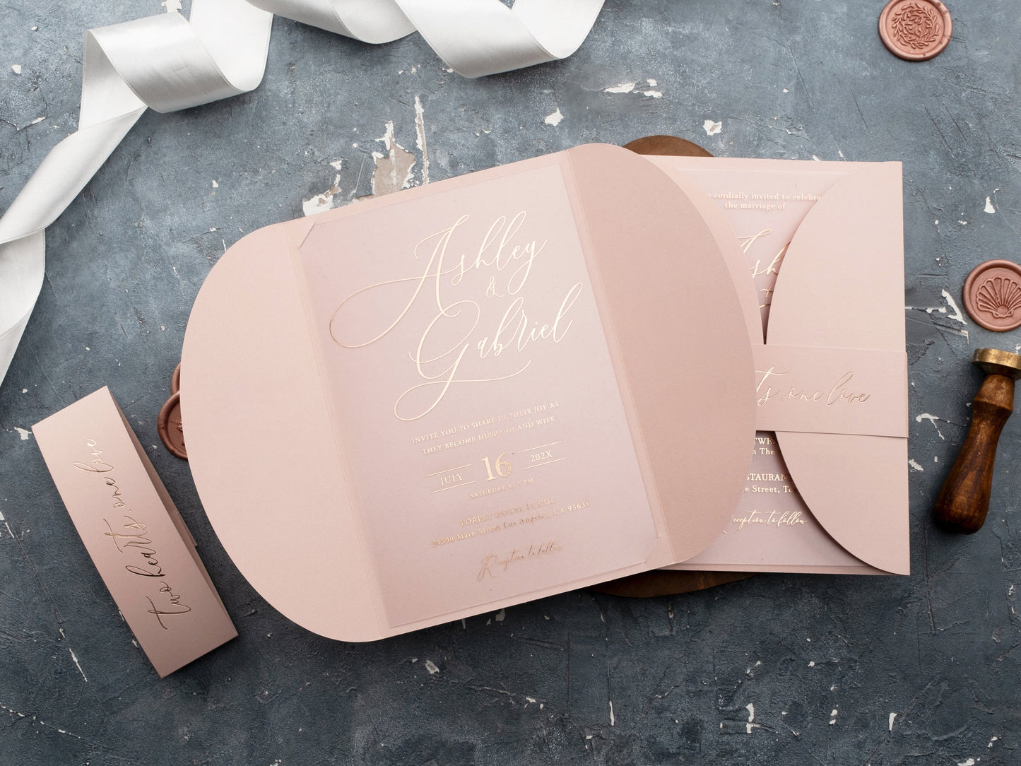 Chic Rose Gold Foil Acrylic Invite with Soft Blush Fold Cover - LA Invitations Co