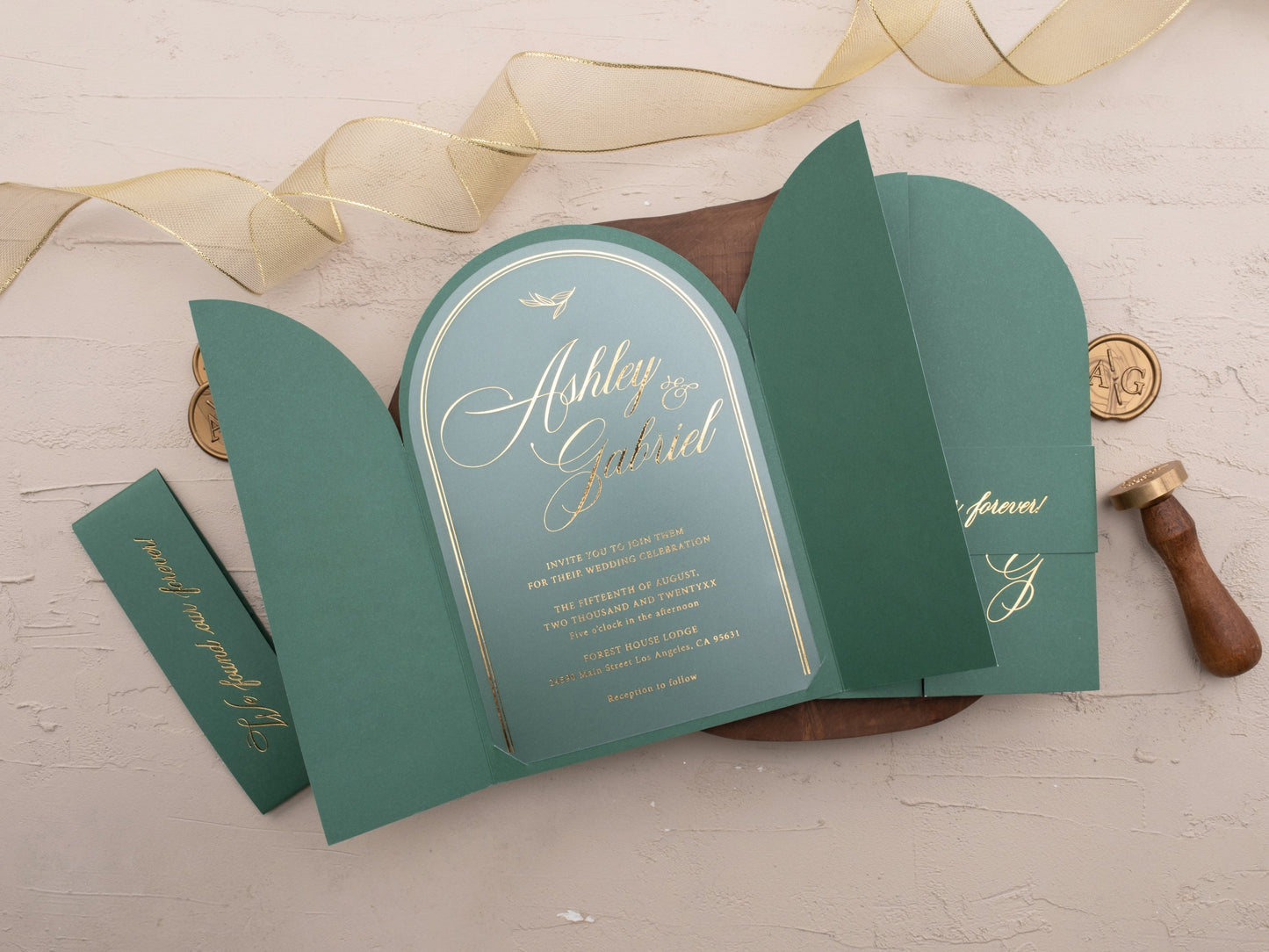 Acrylic Arch Invitation with Emerald Gatefold Jacket and Gold Foil Text - LA Invitations Co