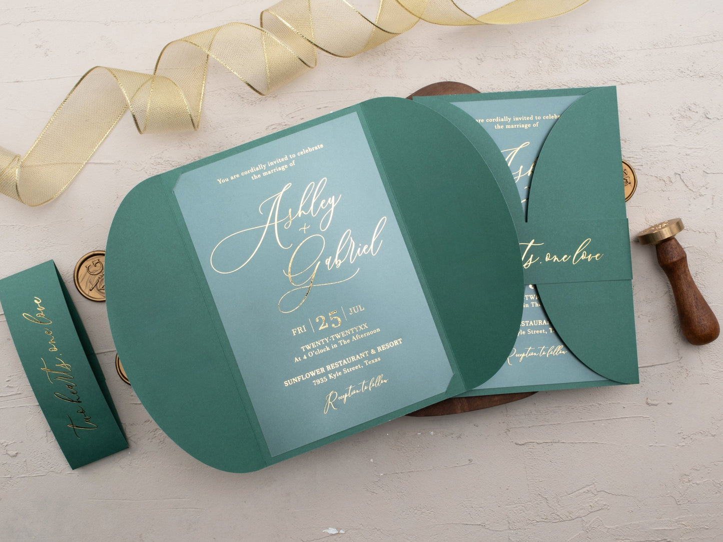 Elegant Acrylic Invitation with Gold Foil and Emerald Gatefold - LA Invitations Co