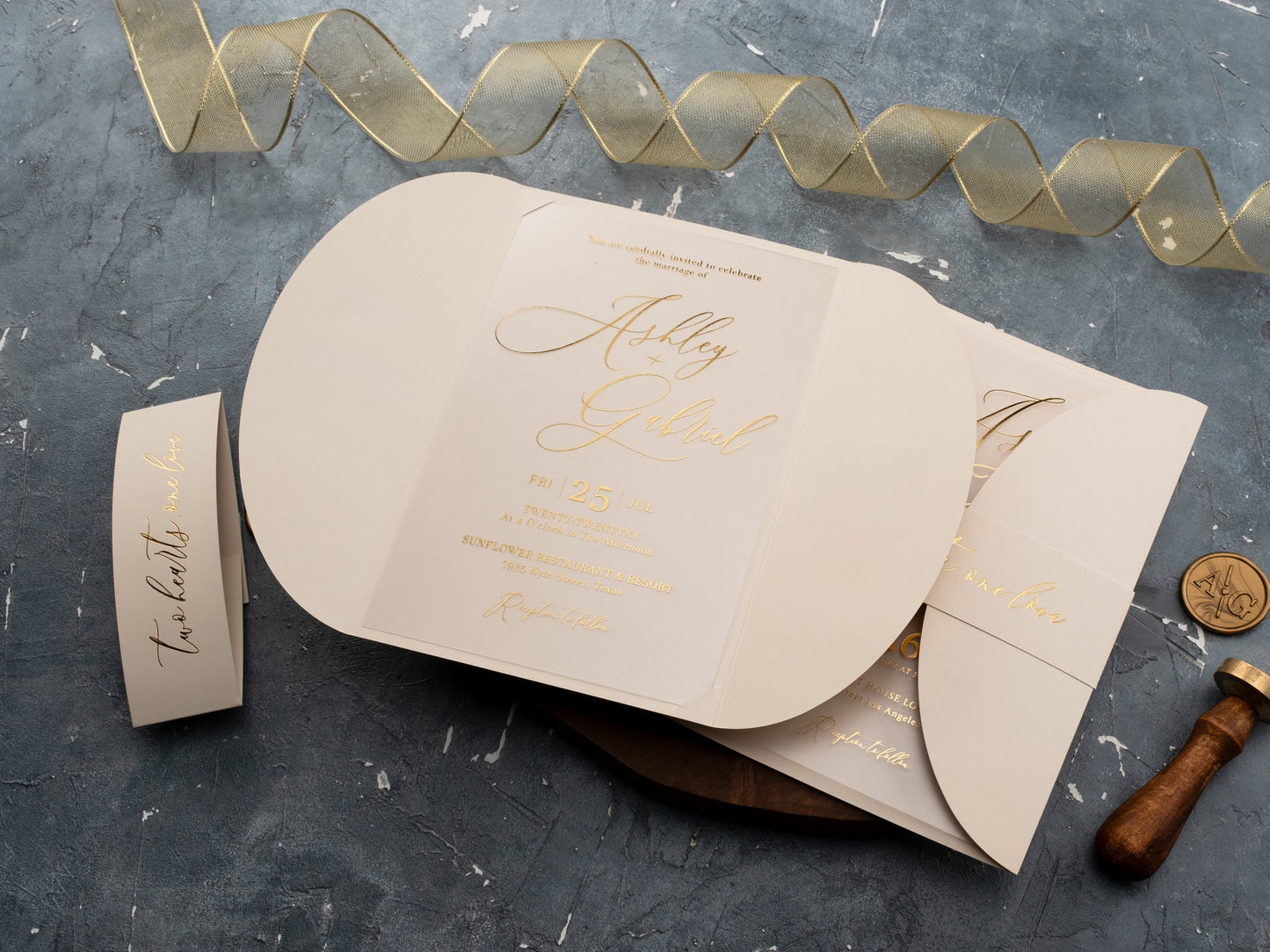 Luxurious Acrylic Wedding Invitation with Gold Print and Ivory Jacket - LA Invitations Co
