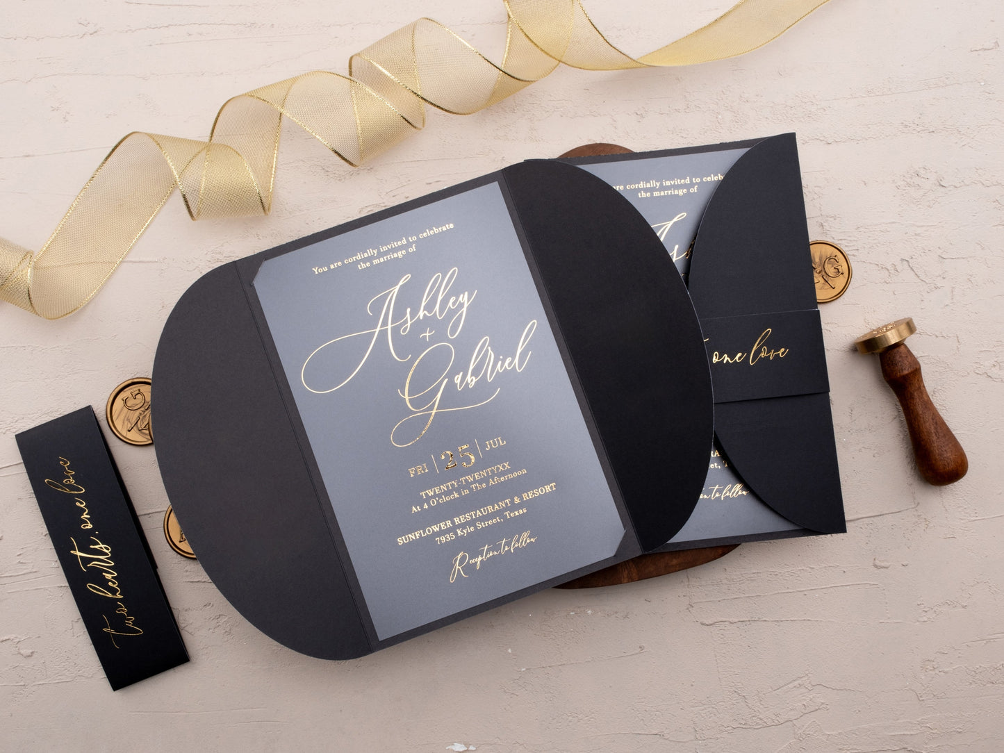 Chic Acrylic Invite with Gold Foil and Striking Black Jacket - LA Invitations Co