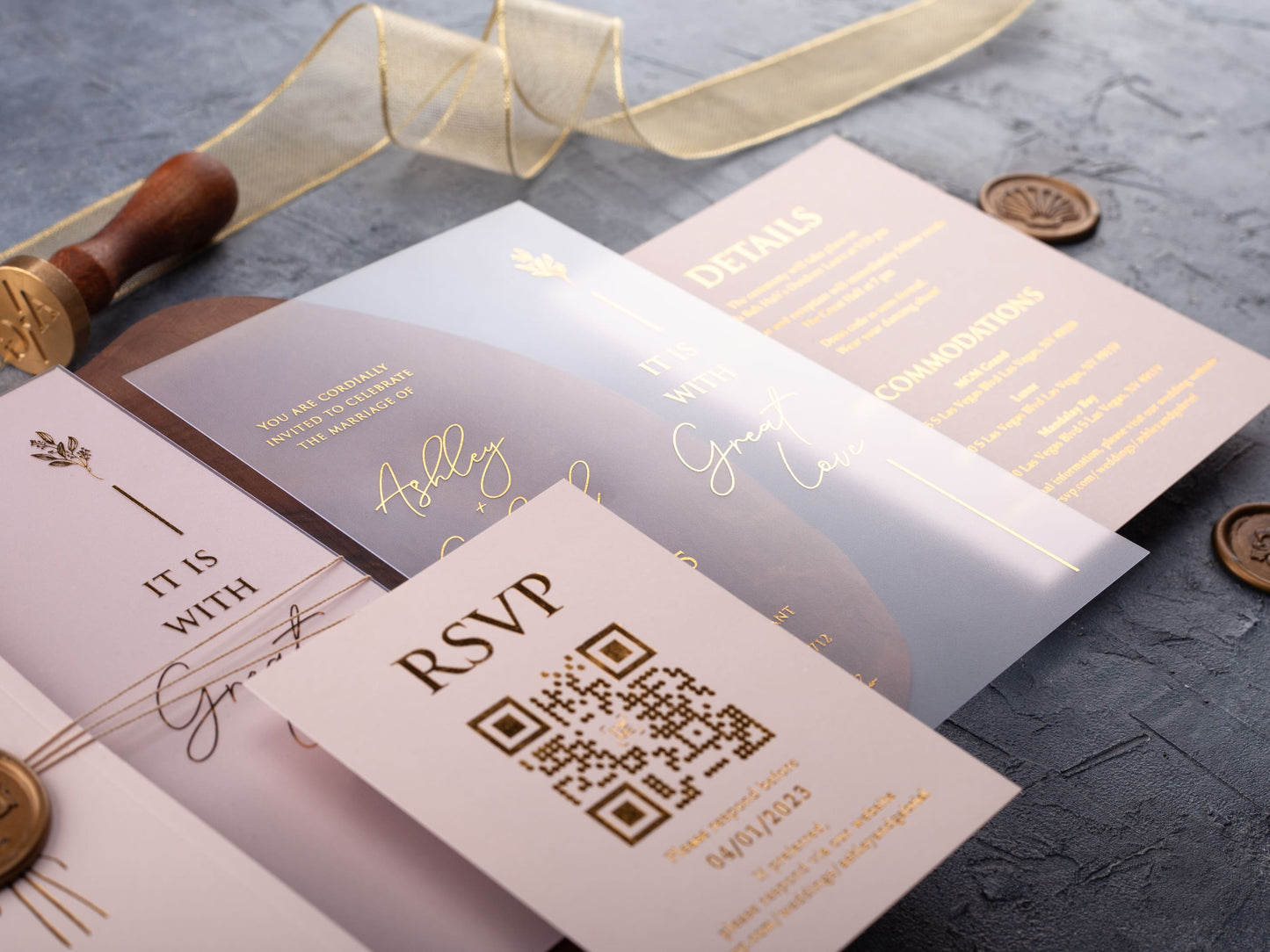 Acrylic Invitation with Gold Foil and Blush Pink Folded Jacket