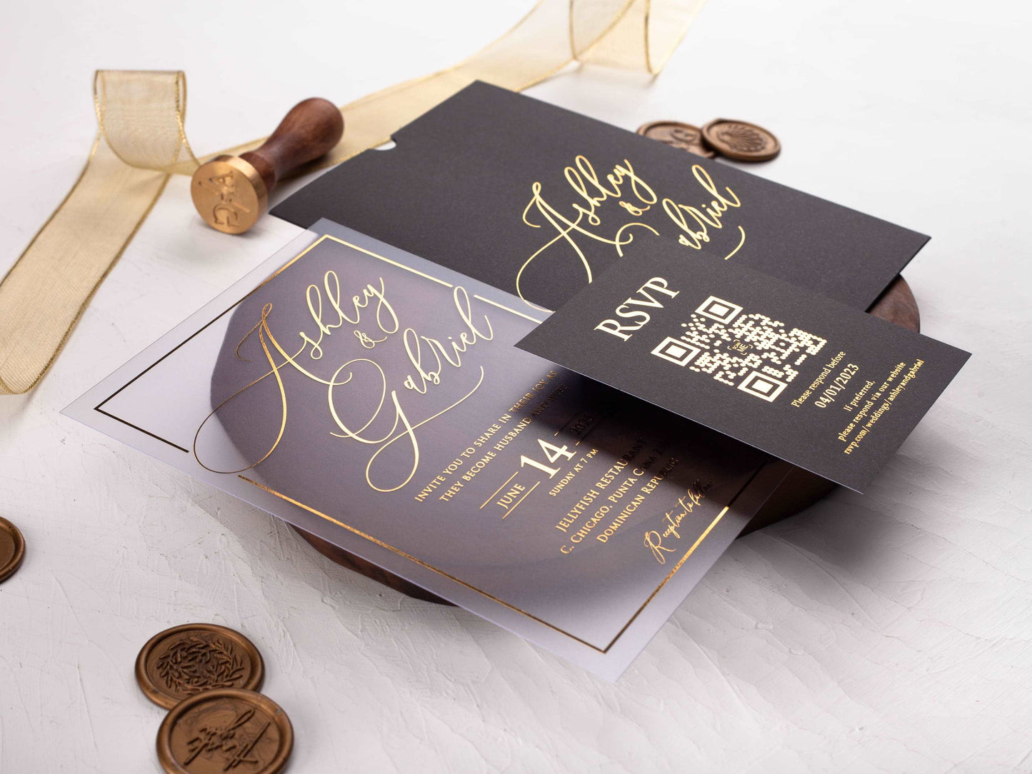 Acrylic Invitation with Black Sleeve Envelope and Gold Foil