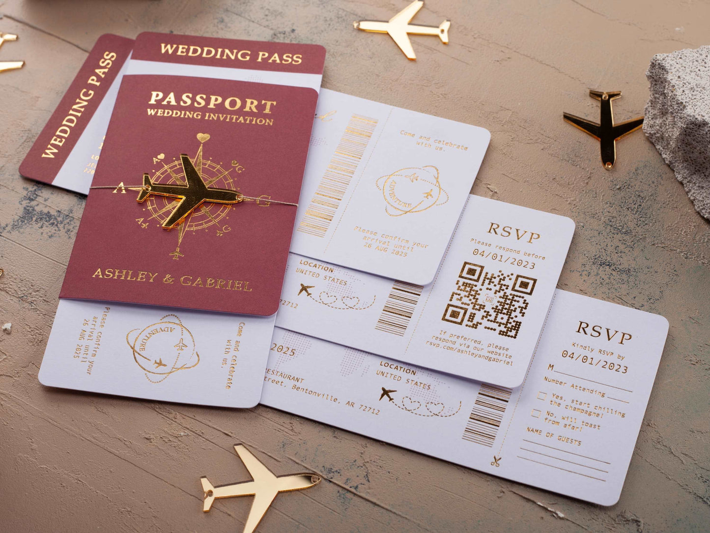 Custom Burgundy and Gold Foil Boarding Pass Wedding Invitation
