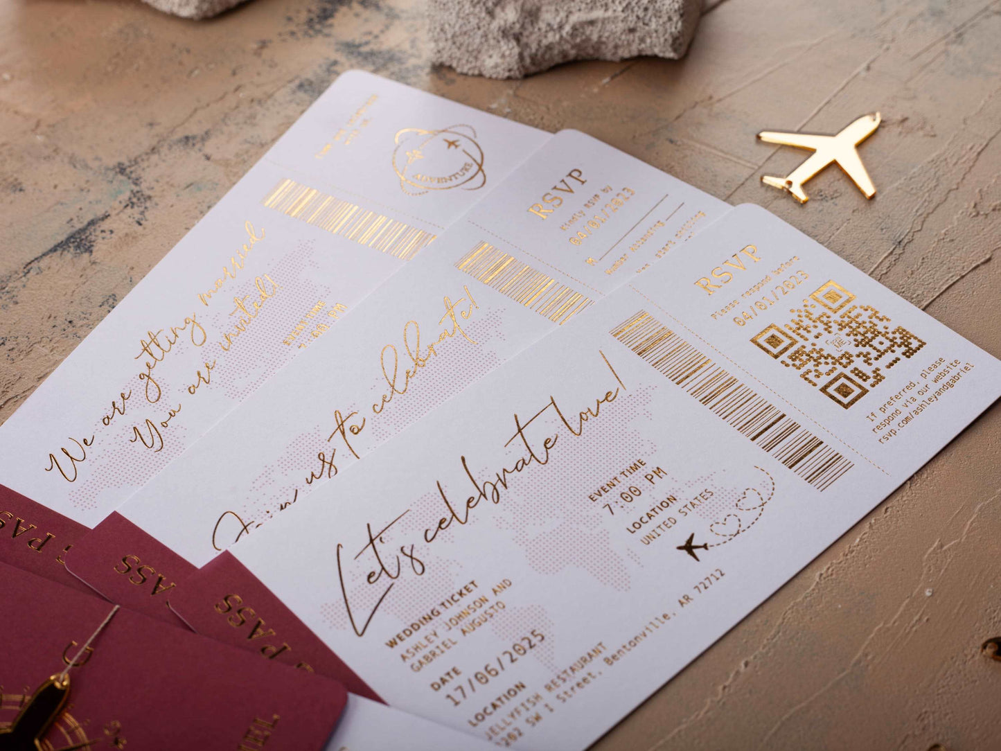 Custom Burgundy and Gold Foil Boarding Pass Wedding Invitation