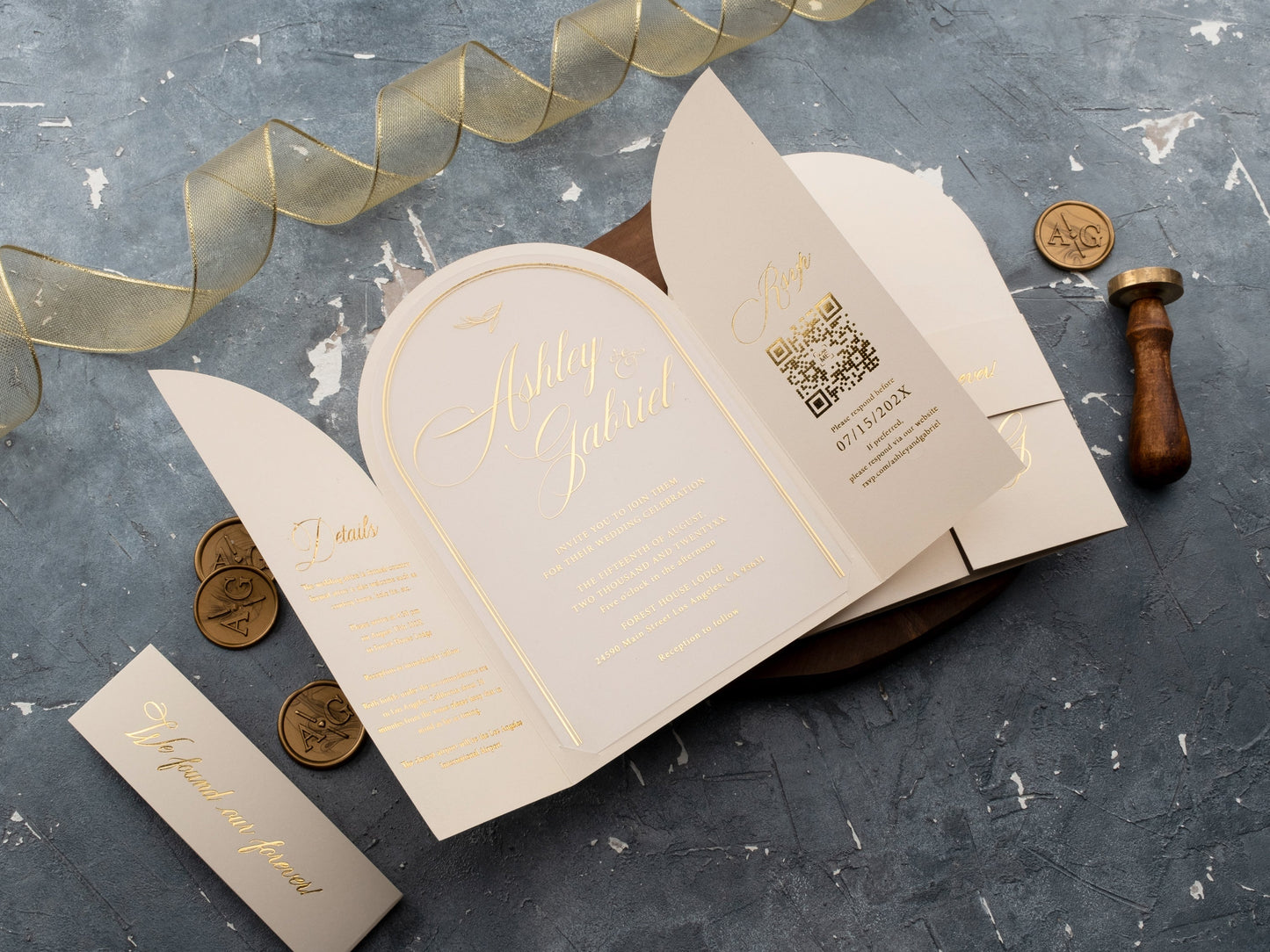Arch Acrylic Wedding Invitation with Gold Foil and Ivory Gatefold Jacket