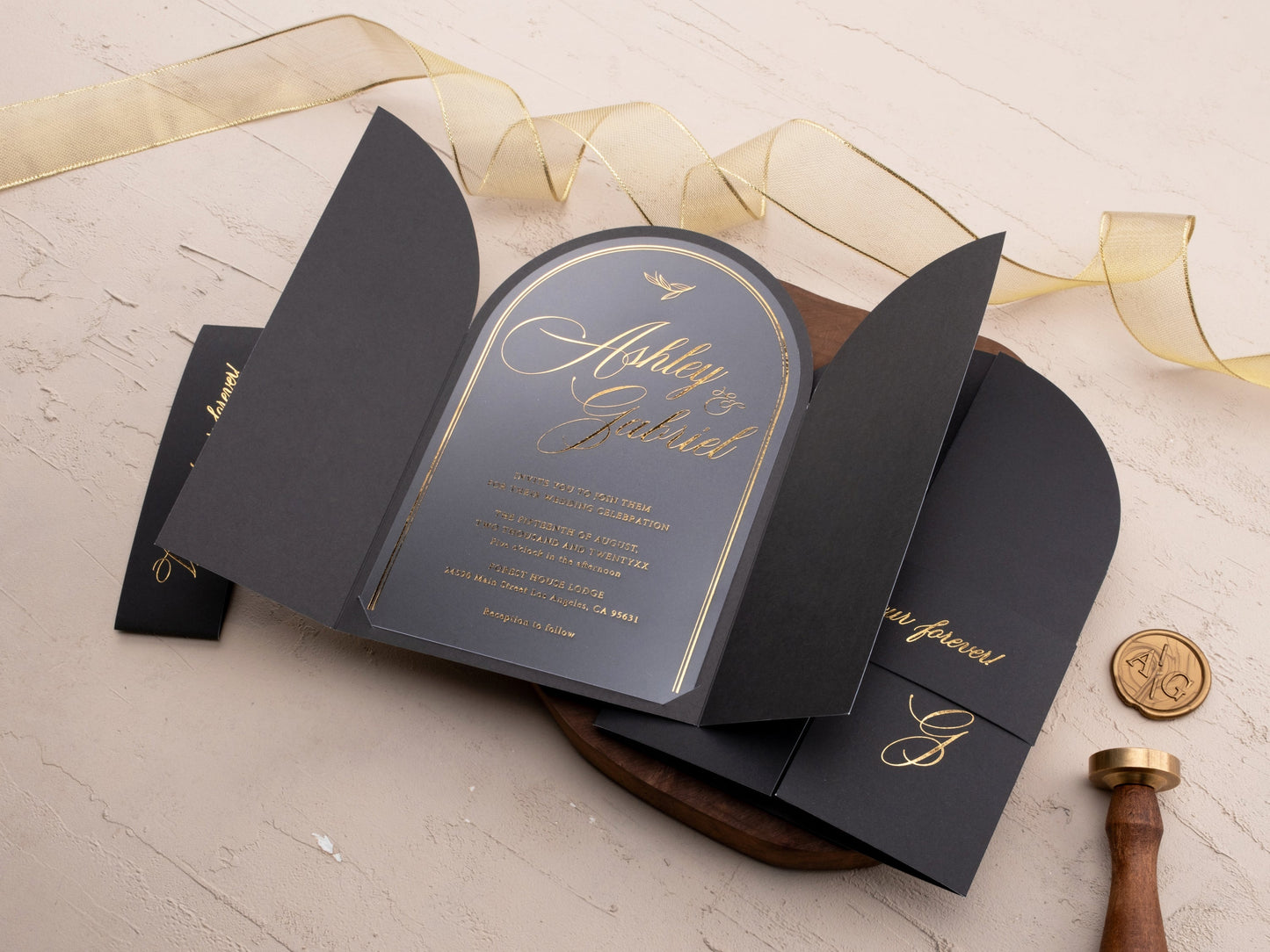 Gold Foil Arch Acrylic Invitation with Black Gatefold Jacket - LA Invitations Co