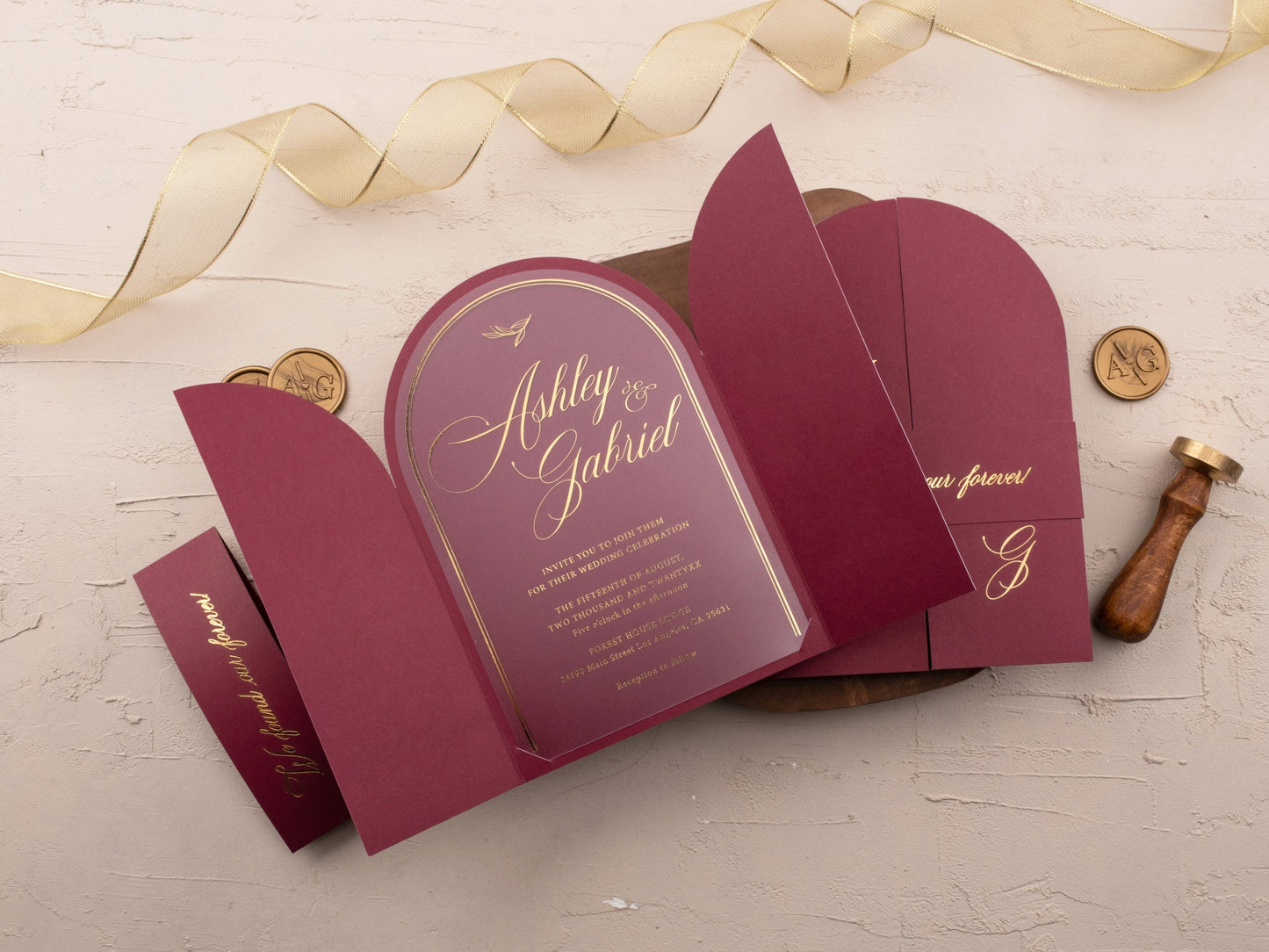 Elegant Arch Acrylic Invitation with Gold Foil and Burgundy Fold Cover - LA Invitations Co