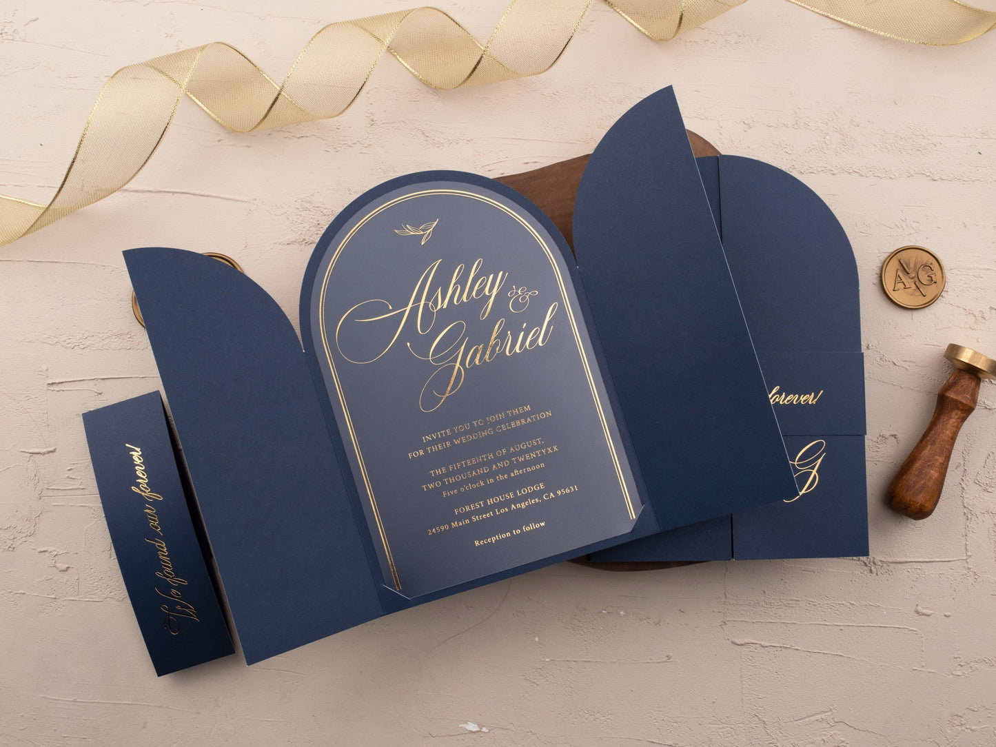 Acrylic Arch Wedding Invite with Gold Foil and Navy Blue Gatefold Design - LA Invitations Co