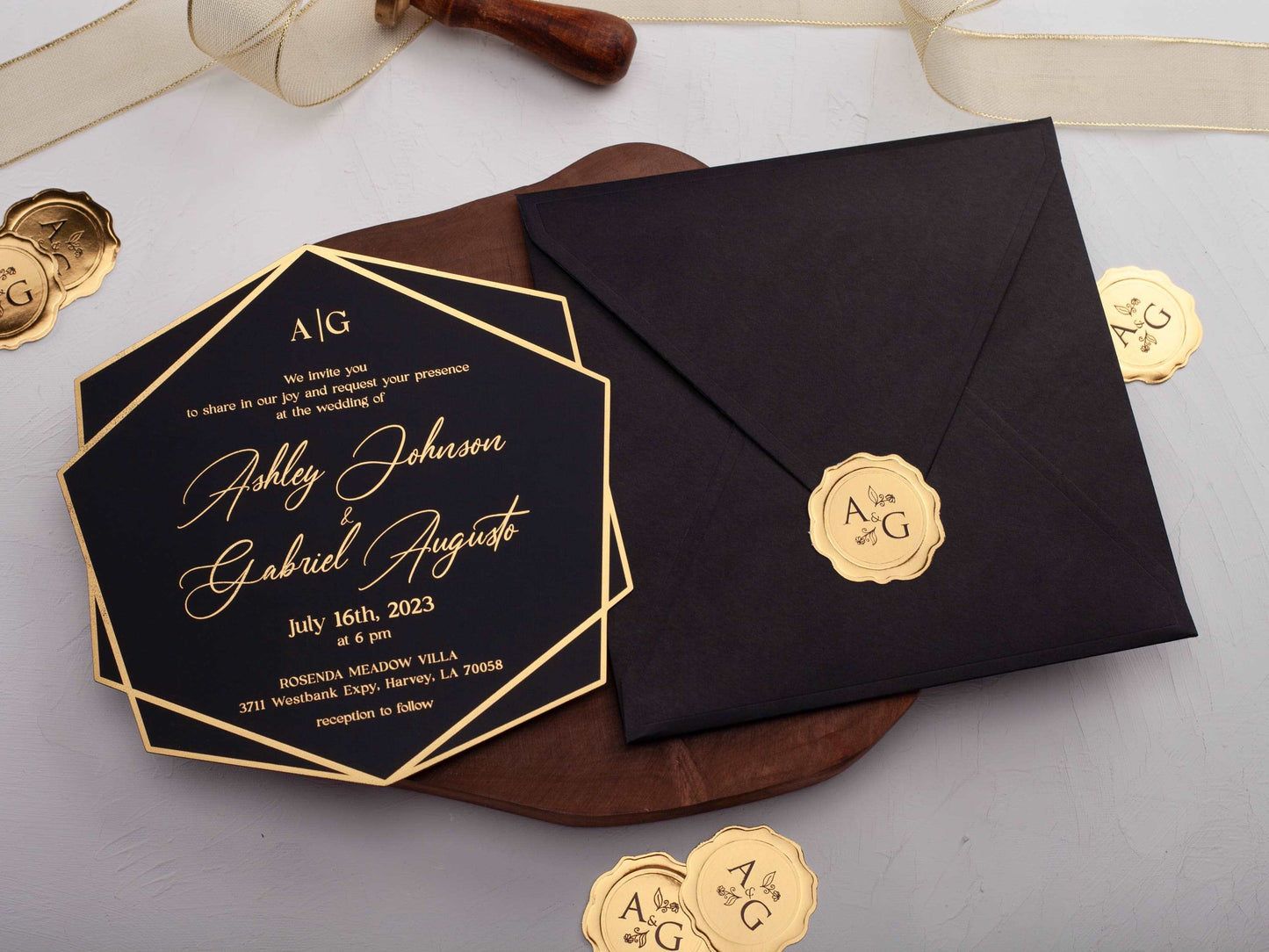 Luxury Acrylic Invitation in Black with Gold Foil Wording