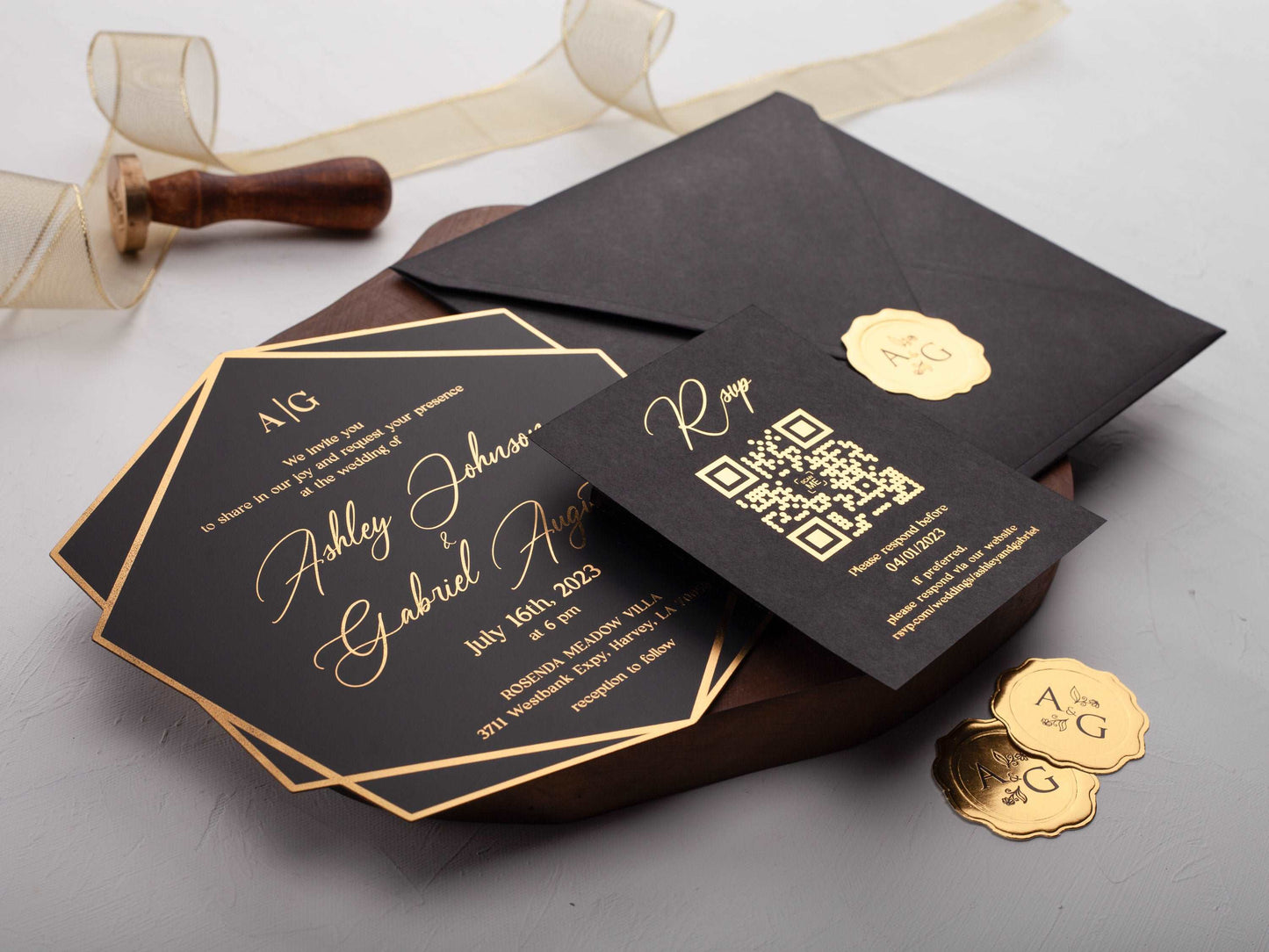 Luxury Acrylic Invitation in Black with Gold Foil Wording