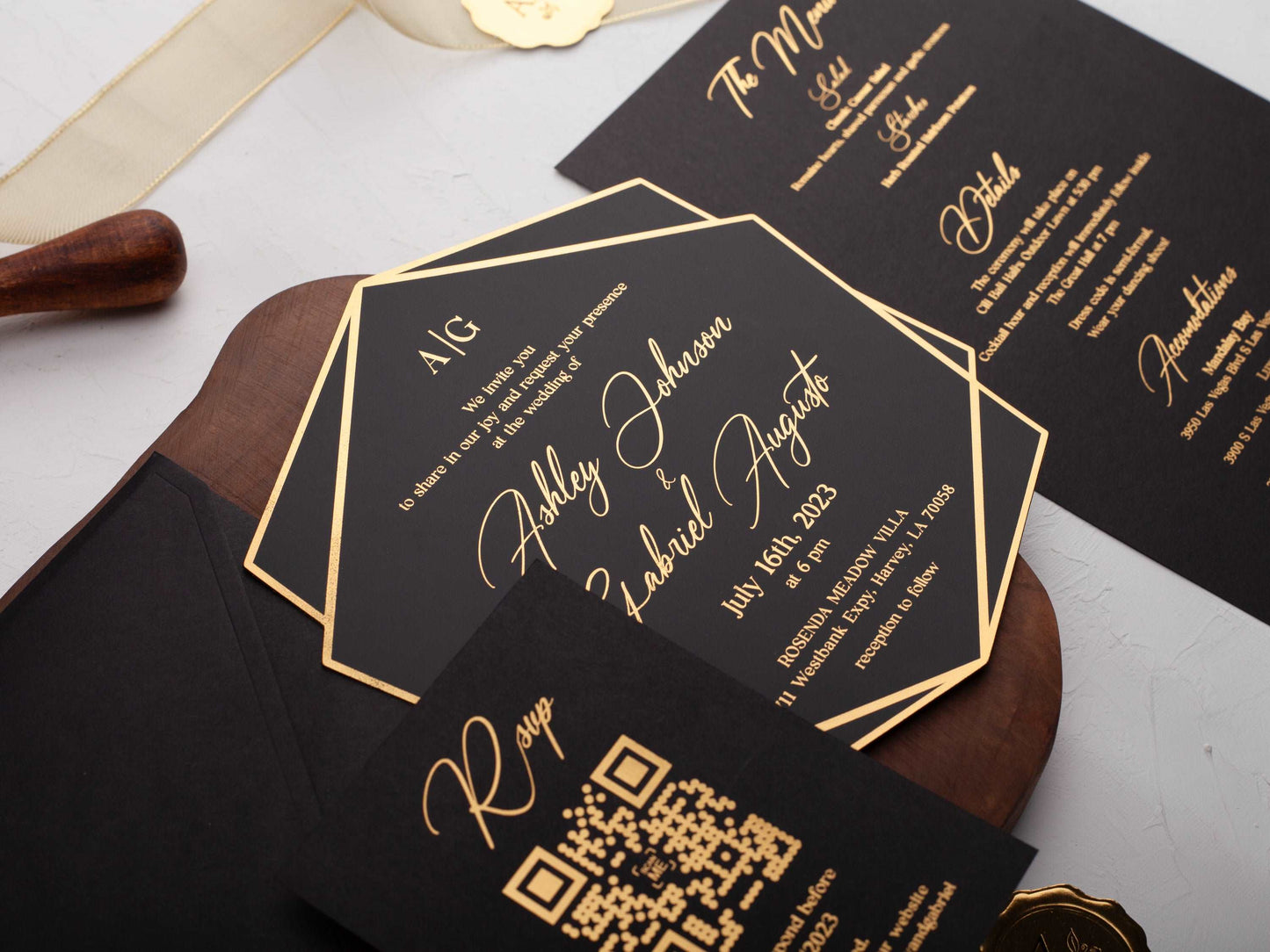 Luxury Acrylic Invitation in Black with Gold Foil Wording