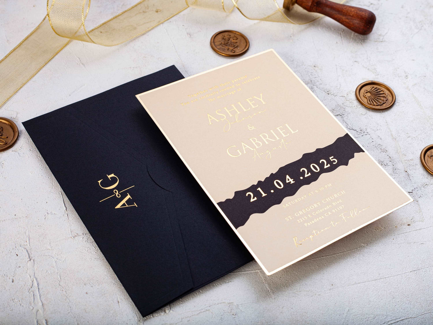 Elegant Black & Beige Invite with Luxurious Gold Foil Details