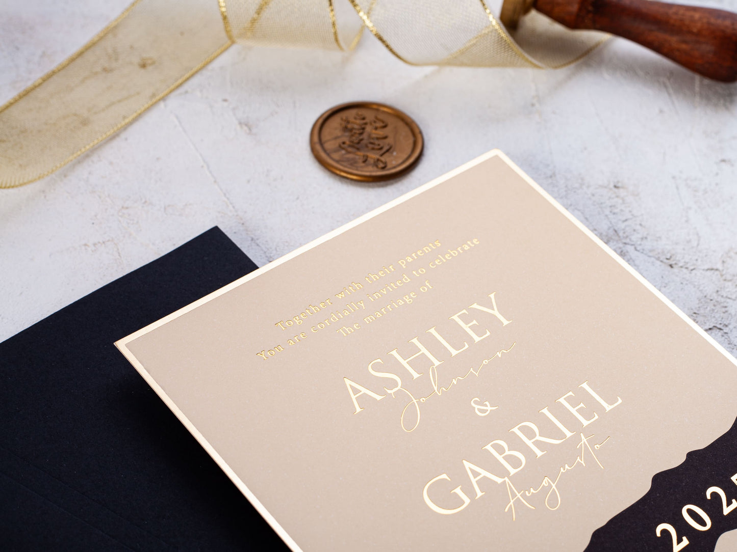 Elegant Black & Beige Invite with Luxurious Gold Foil Details