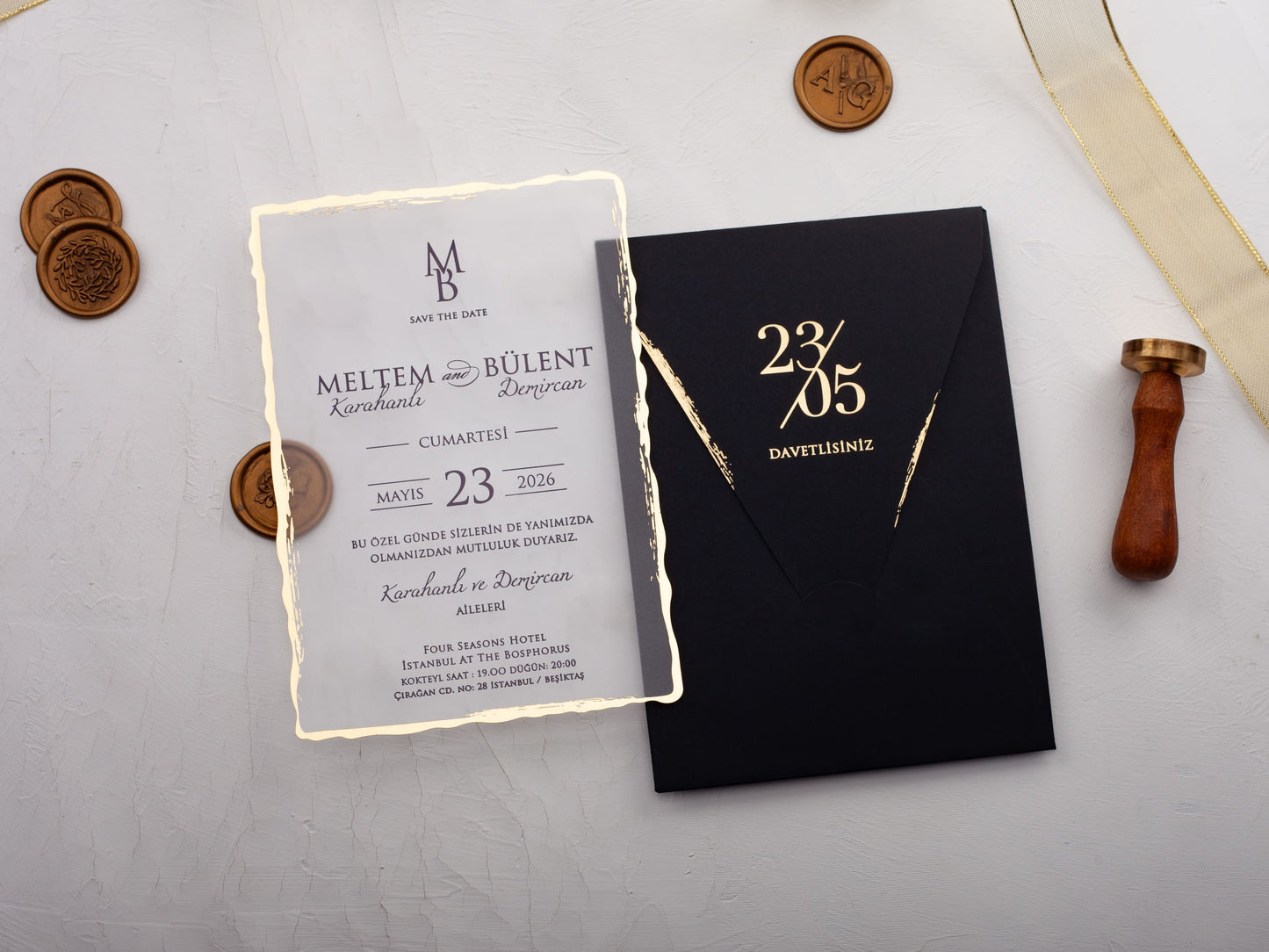 Luxurious Deckled Edge Acrylic Wedding Invite in Black and Gold