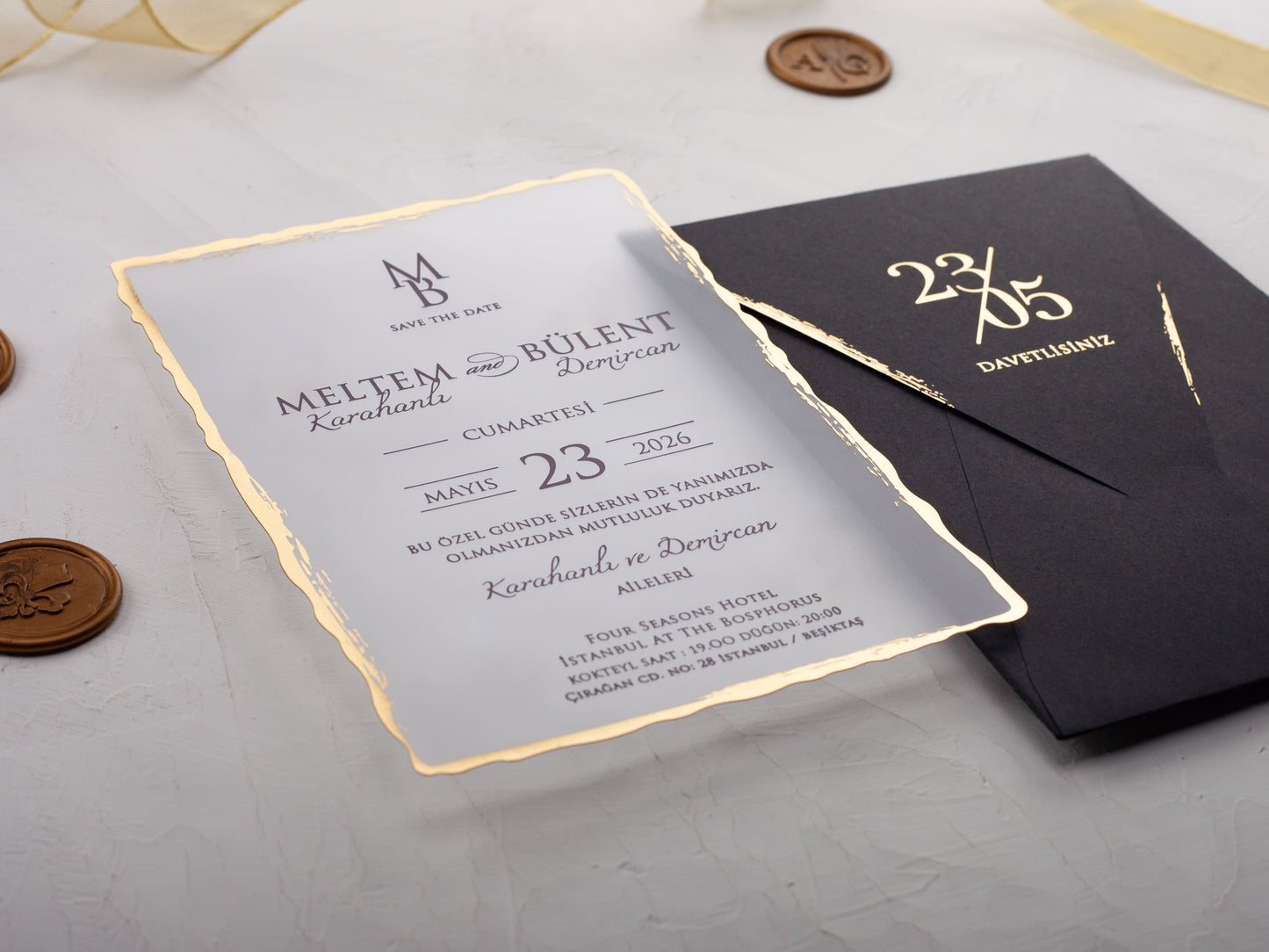Luxurious Deckled Edge Acrylic Wedding Invite in Black and Gold