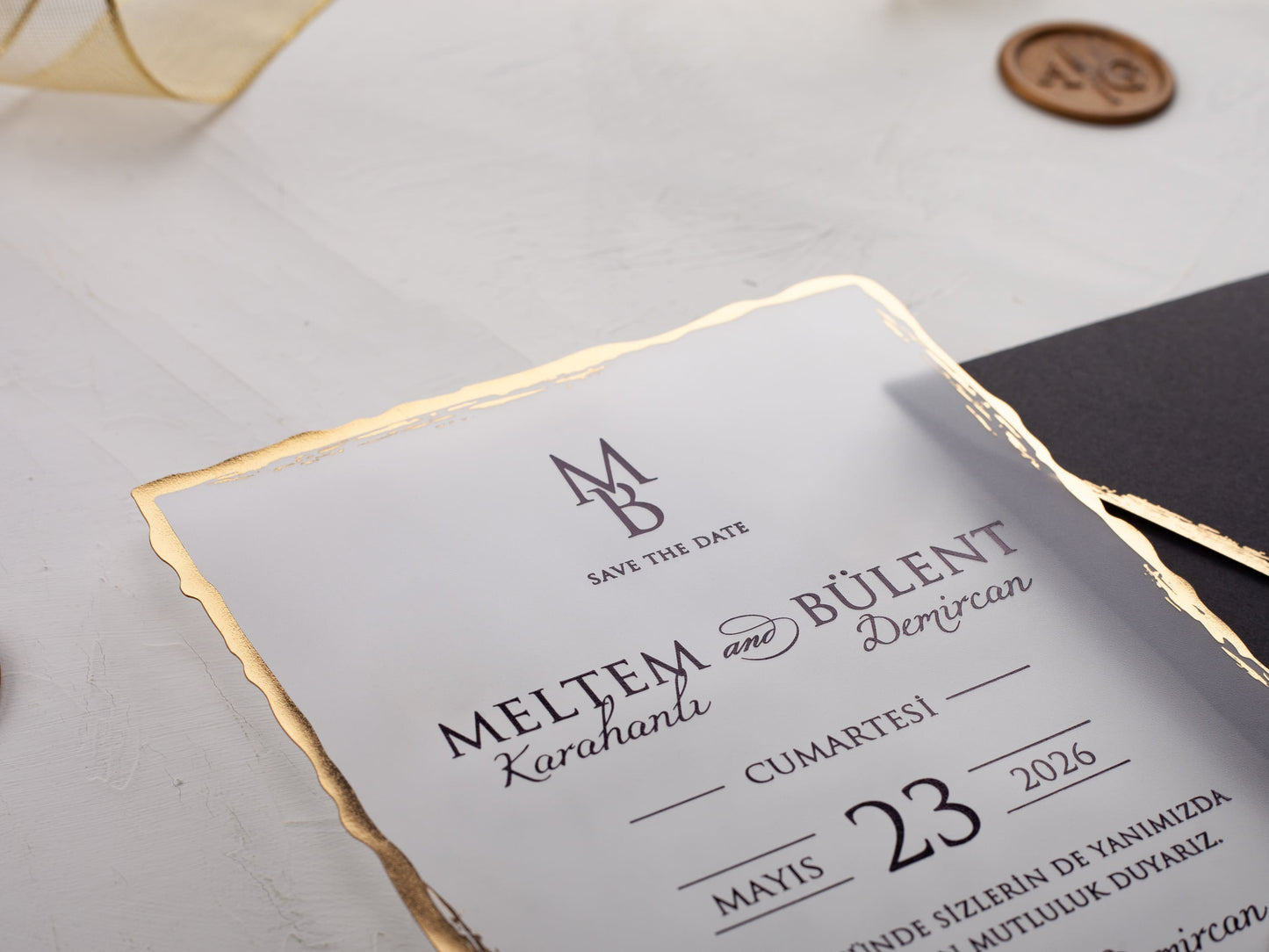 Luxurious Deckled Edge Acrylic Wedding Invite in Black and Gold