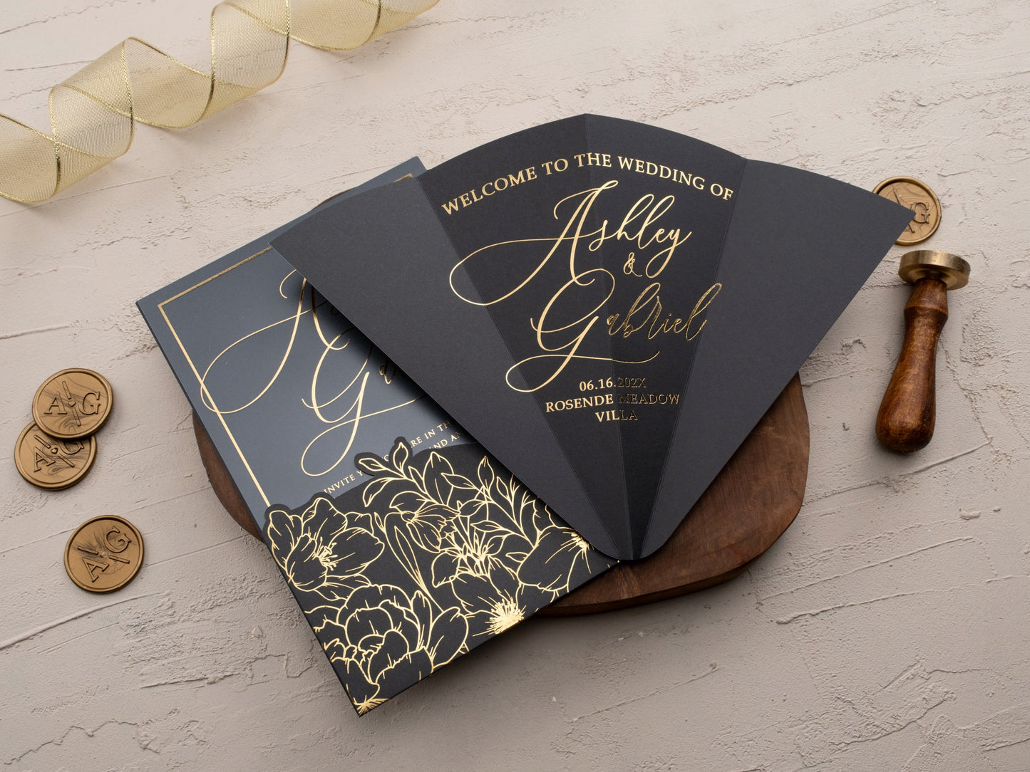 Modern Black & Gold Acrylic Wedding Invite with Floral Motifs - LA Invitations Co