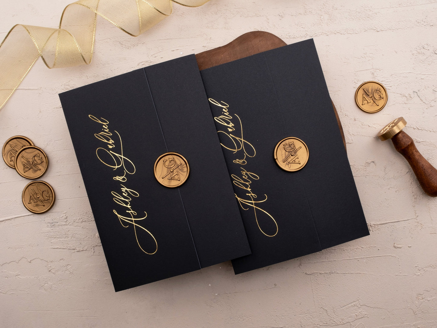 Luxury Black Gatefold Wedding Invitation with Gold Foil Accents