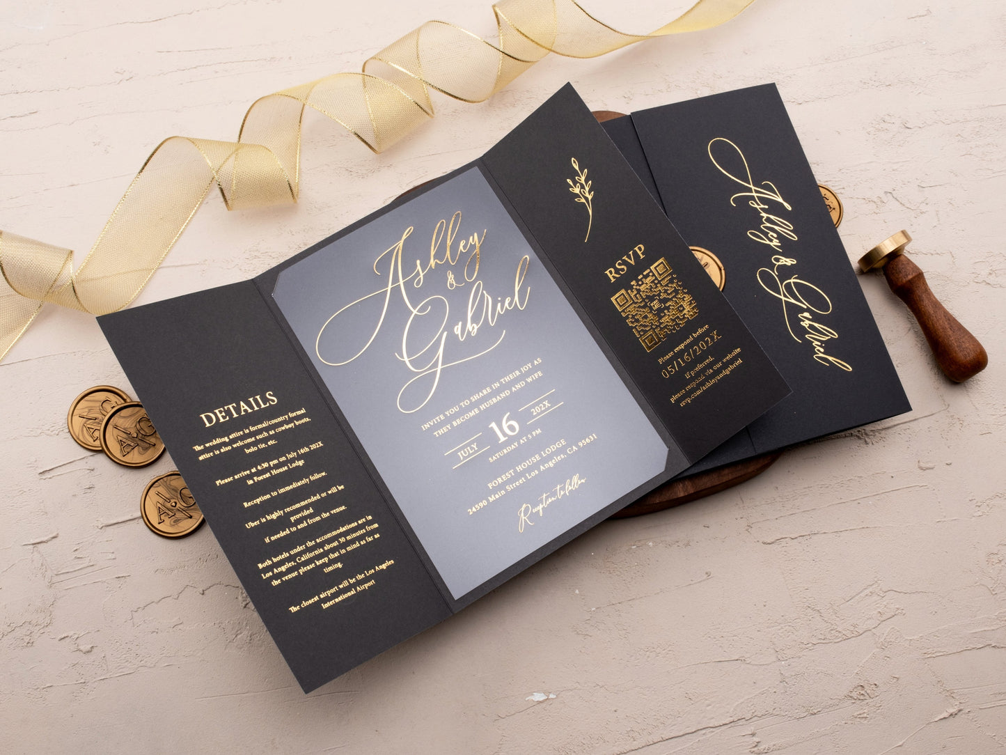 Luxury Black Gatefold Wedding Invitation with Gold Foil Accents