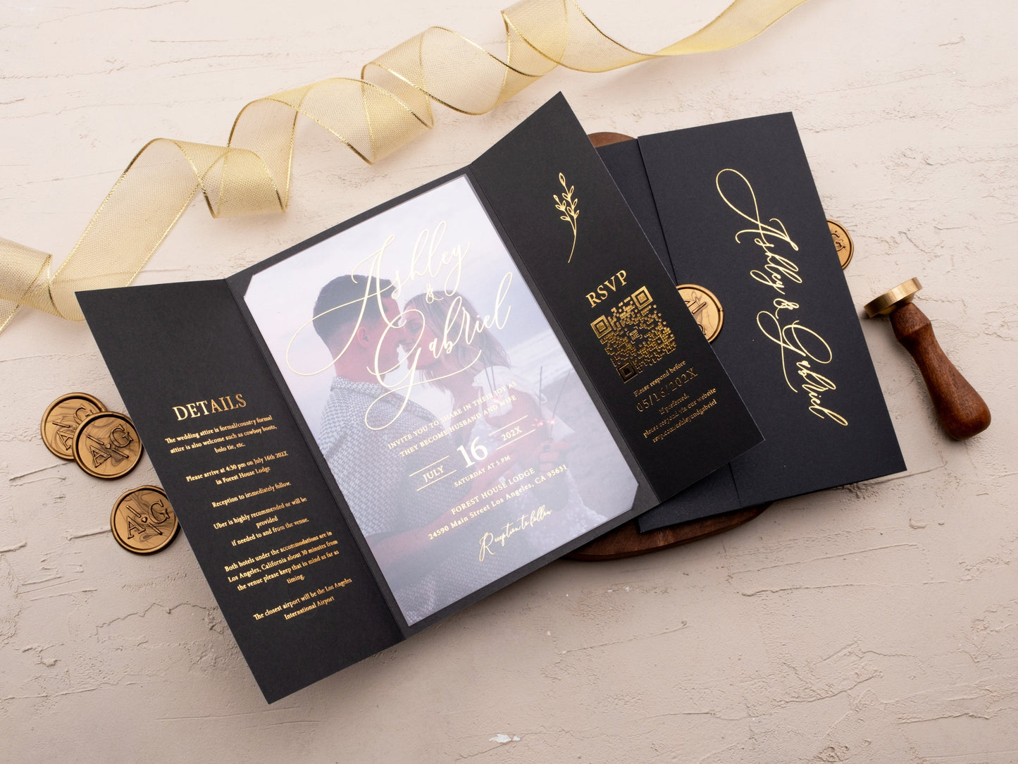 Luxury Black Gatefold Wedding Invitation with Gold Foil Accents - LA Invitations Co
