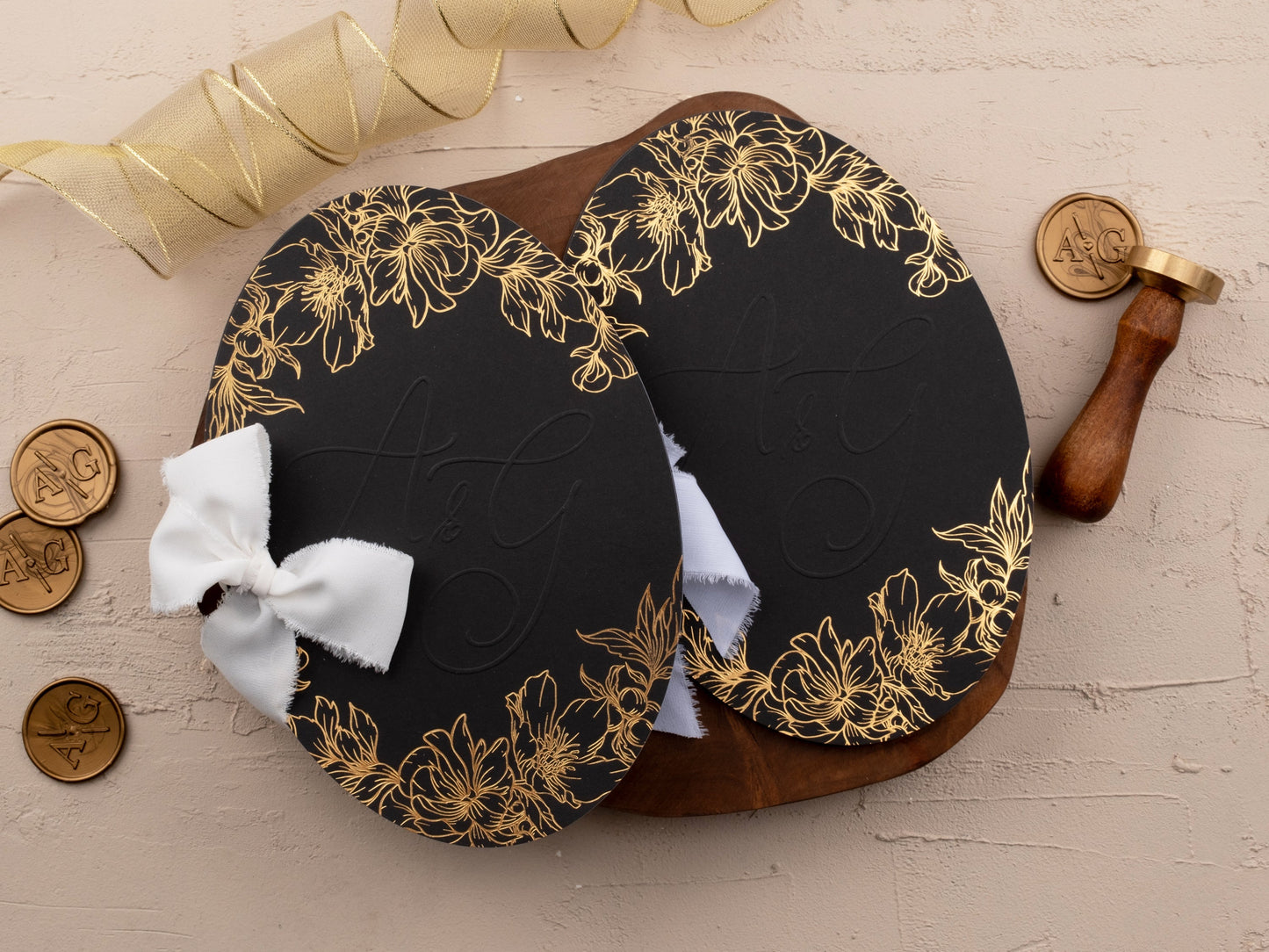 Elegant Black Wedding Invite with Gold Floral Foil Accents