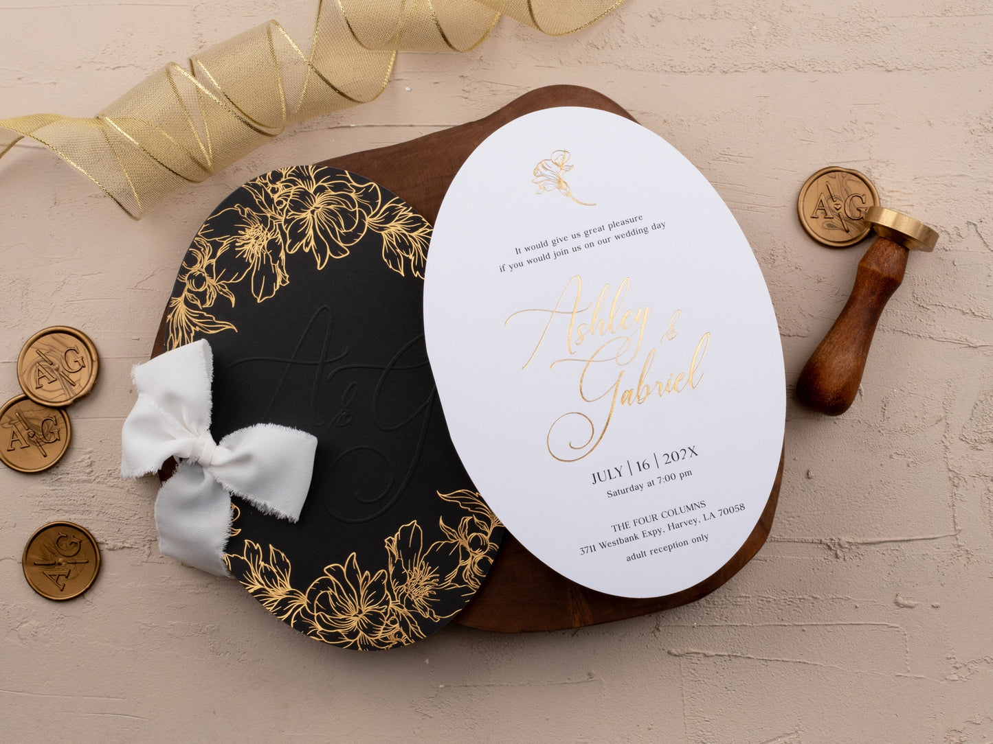 Elegant Black Wedding Invite with Gold Floral Foil Accents