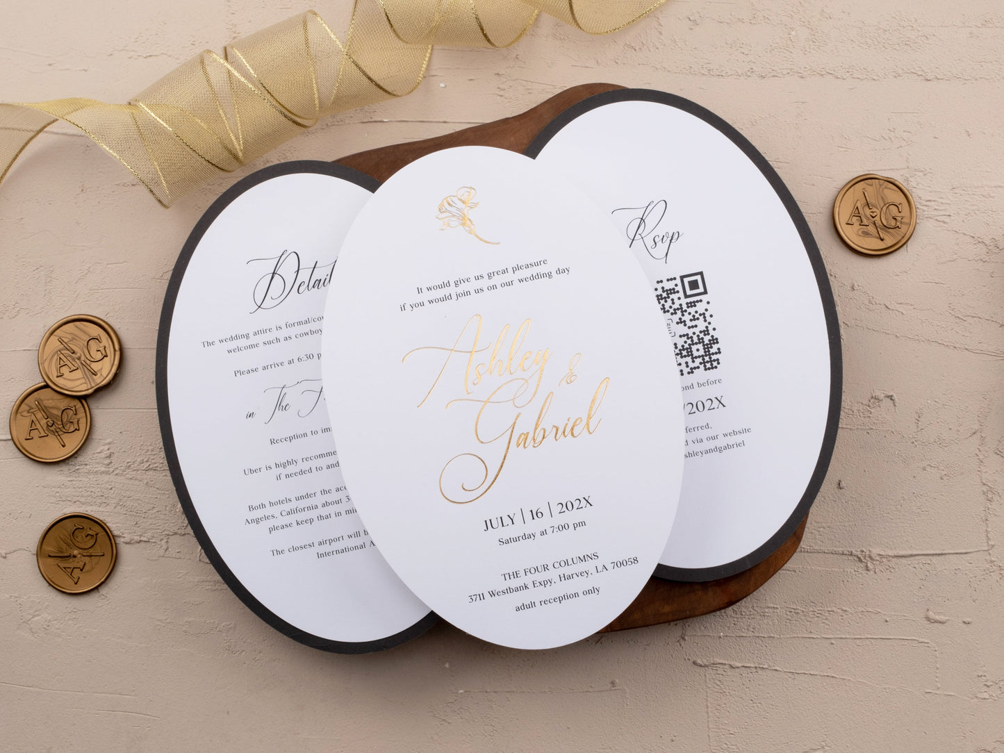 Elegant Black Wedding Invite with Gold Floral Foil Accents