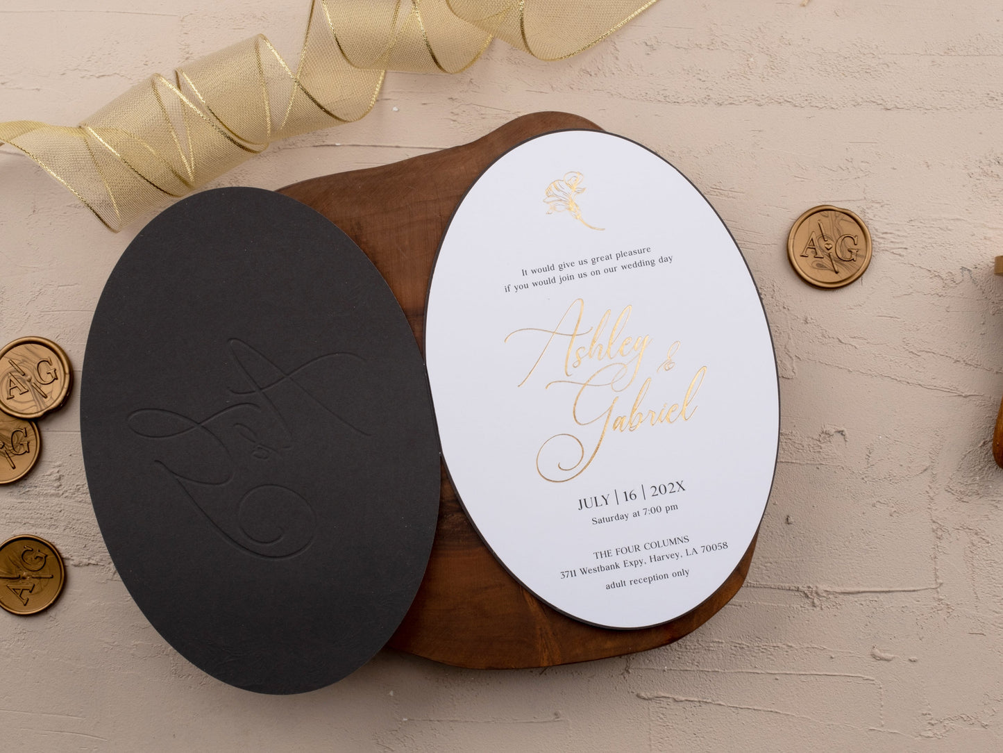 Elegant Black Wedding Invite with Gold Floral Foil Accents - LA Invitations Co
