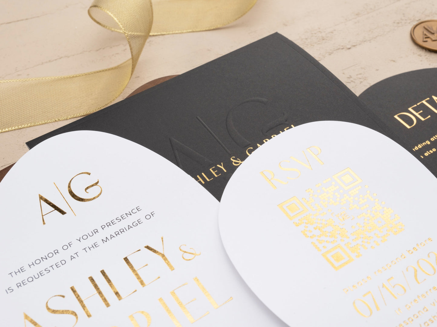 Modern-Shaped Wedding Invitation in Black with Gold Foil Accents - LA Invitations Co