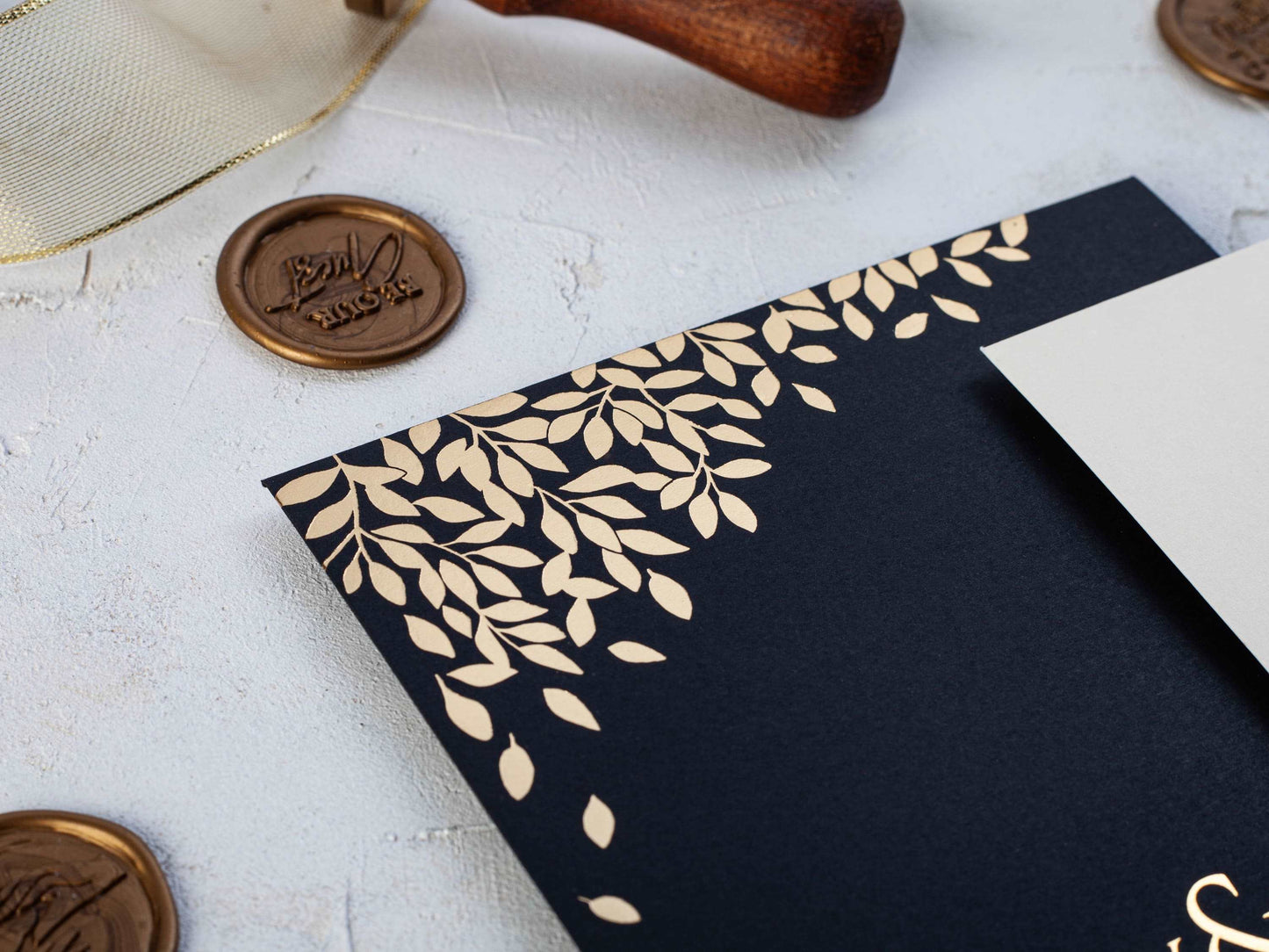 Sophisticated Black and Gold Card with Embossed Leaf Details - LA Invitations Co