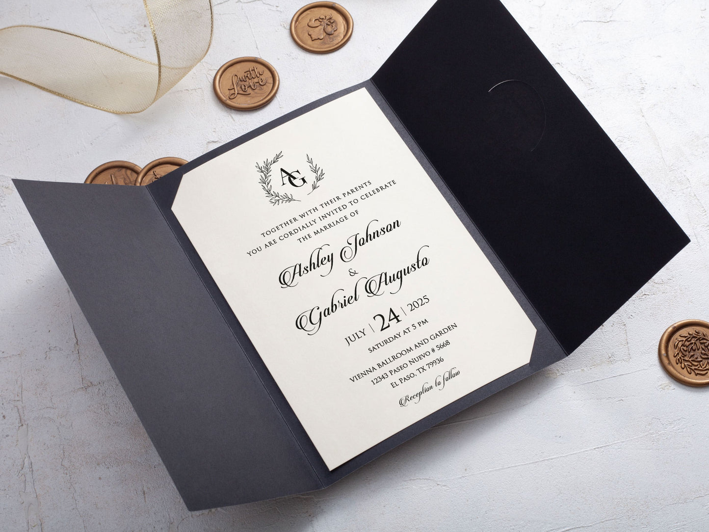 Sophisticated Black Wedding Invitation with Gold Highlights - LA Invitations Co