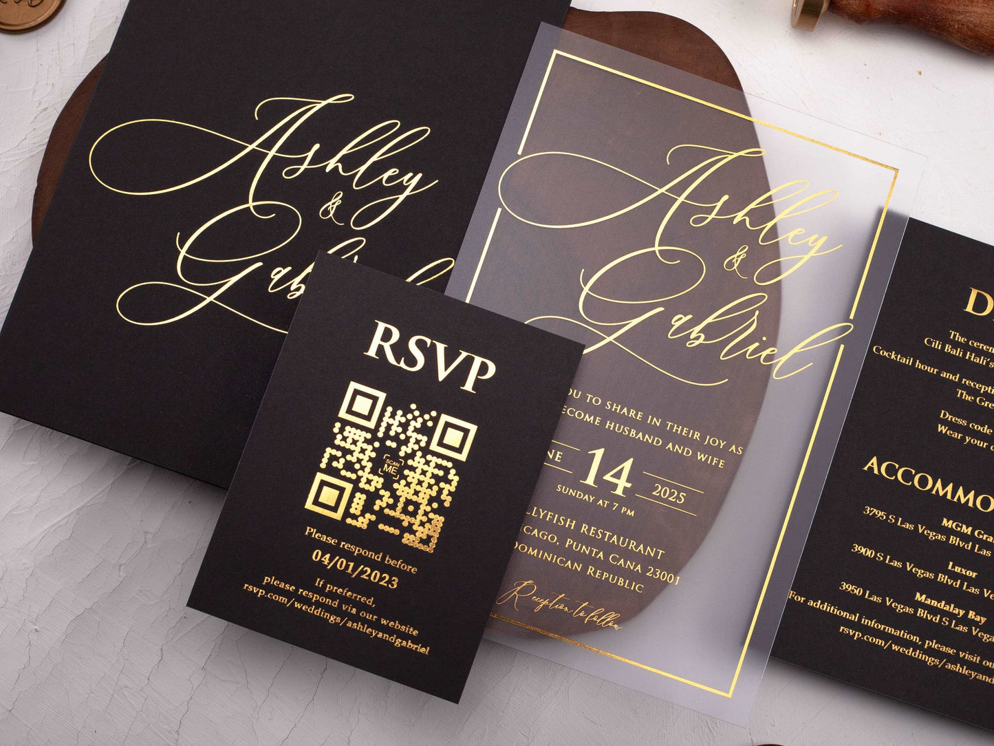 Acrylic Invitation with Black Sleeve Envelope and Gold Foil
