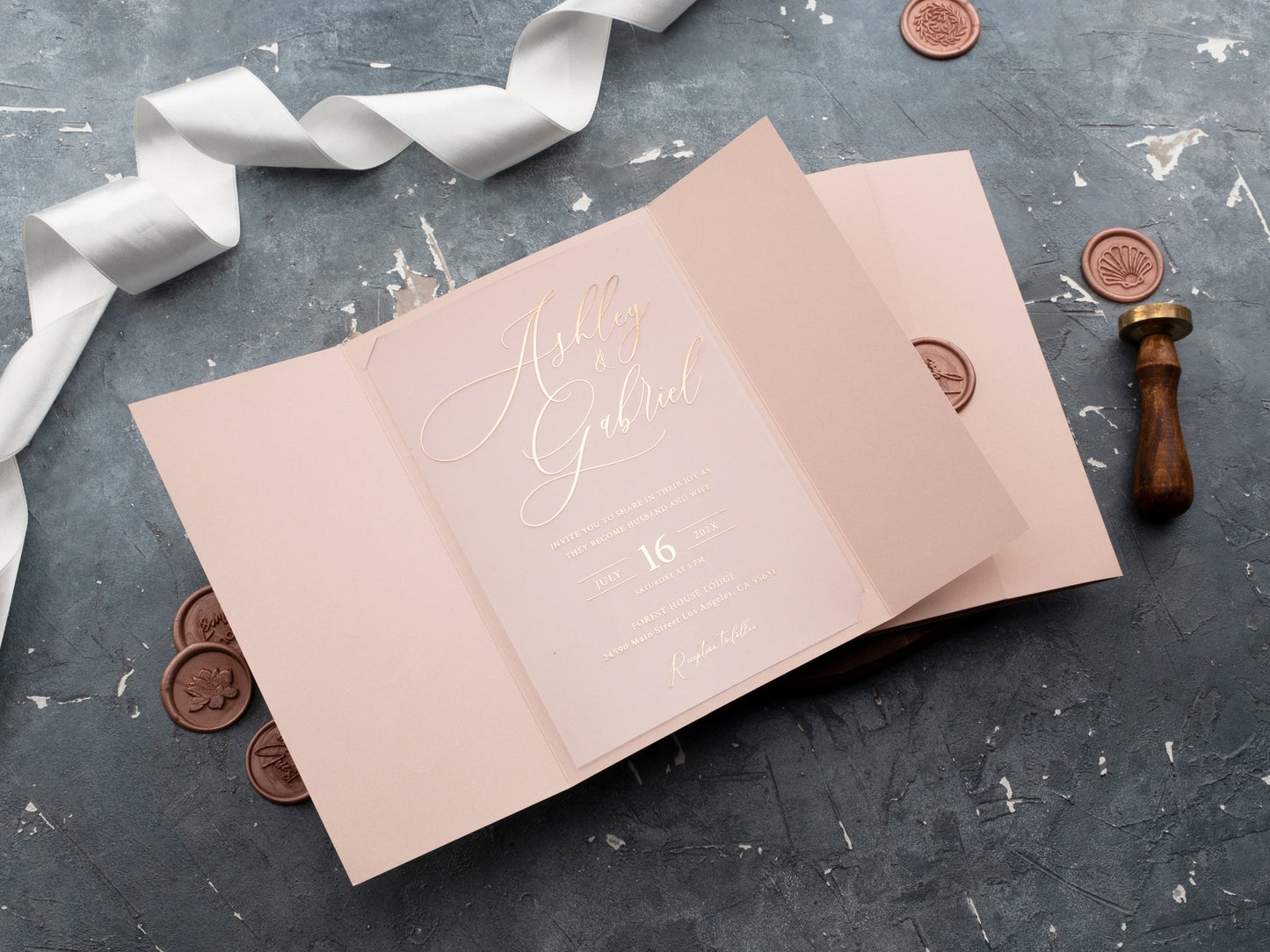Modern Blush Pink Acrylic Invite with Rose Gold Details and Trifold Cover - LA Invitations Co