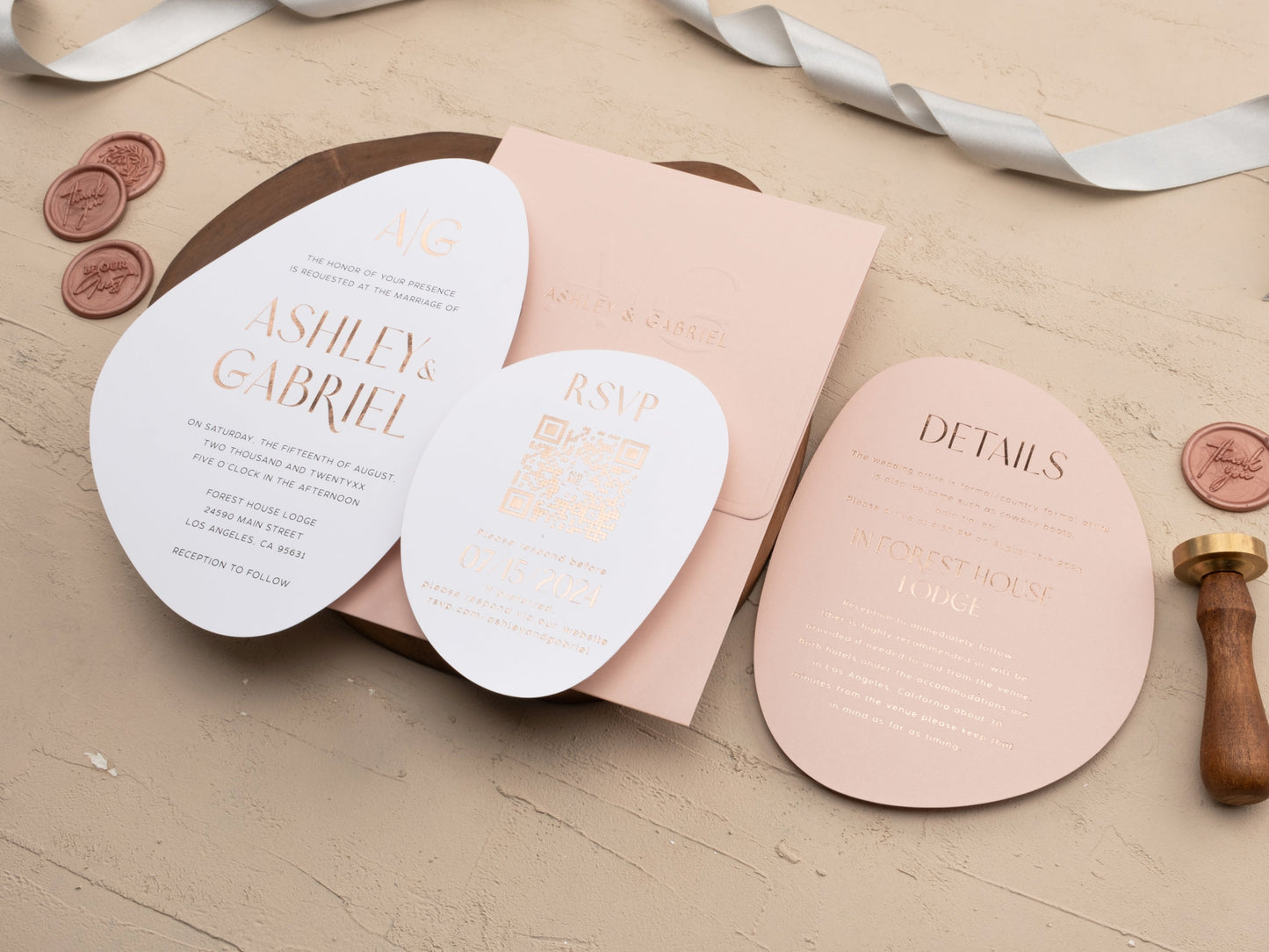Modern Wedding Invitation with Rose Gold Foil and Pink Envelope - LA Invitations Co