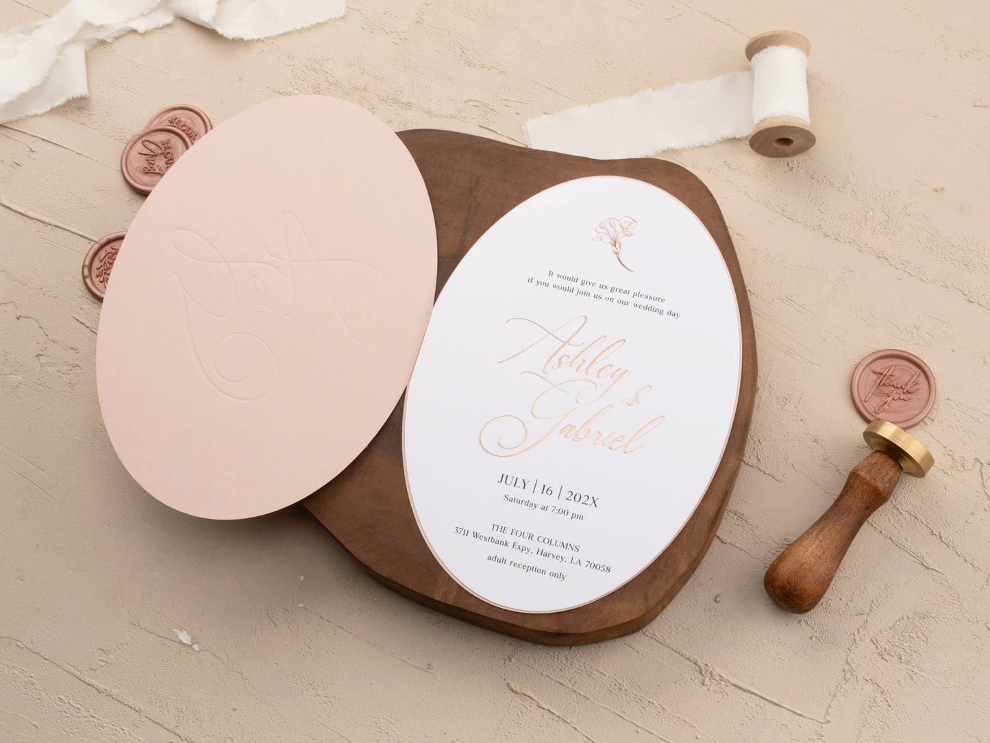 Elegant Blush Wedding Invite with Rose Gold Floral Foil Accents - LA Invitations Co