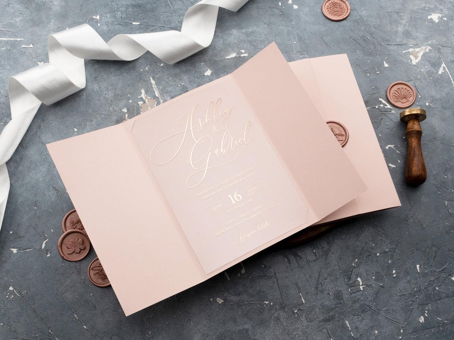 Elegant Acrylic Invite with Rose Gold Foil and Blush Pink Gatefold - LA Invitations Co