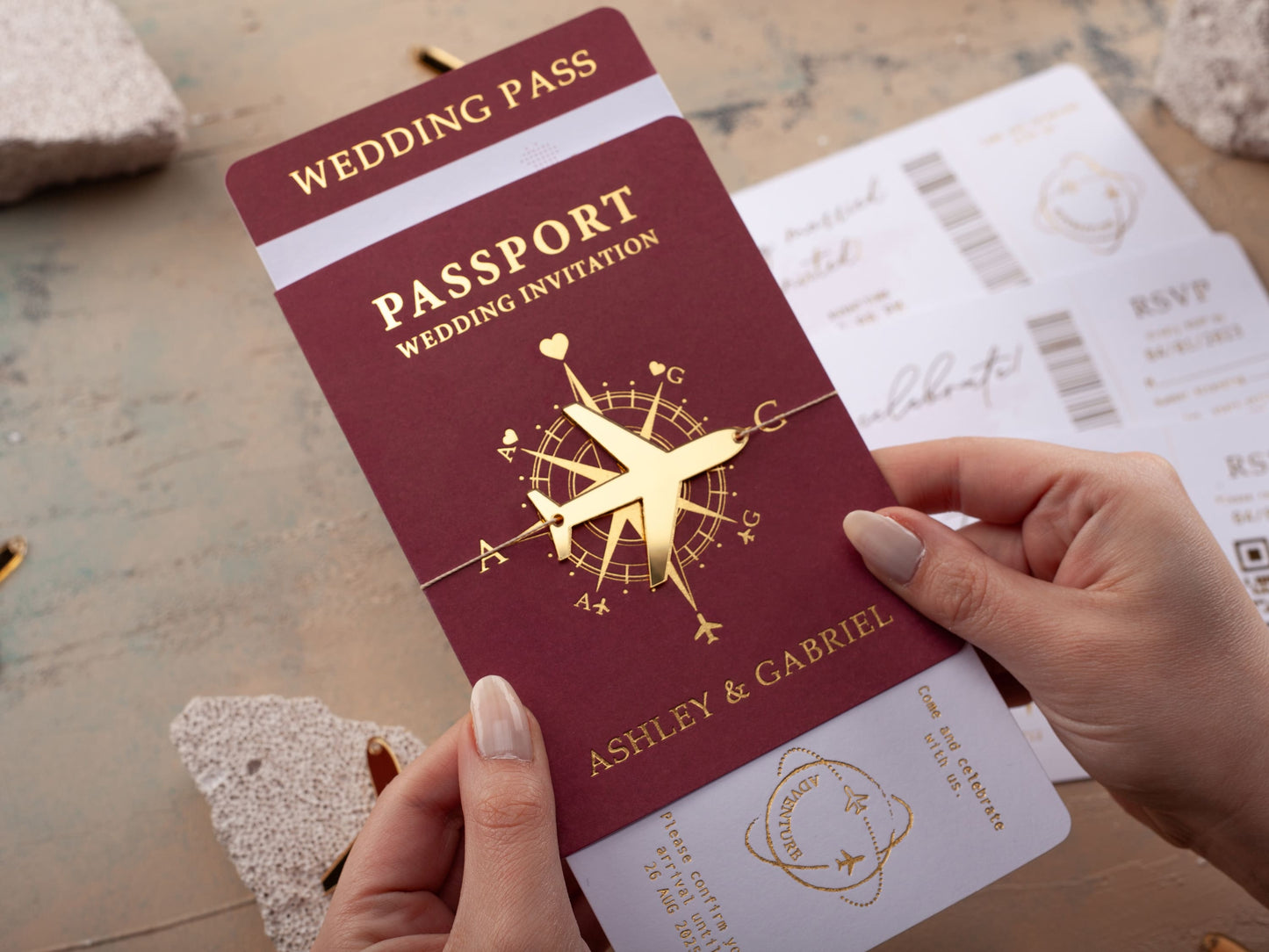 Custom Burgundy and Gold Foil Boarding Pass Wedding Invitation