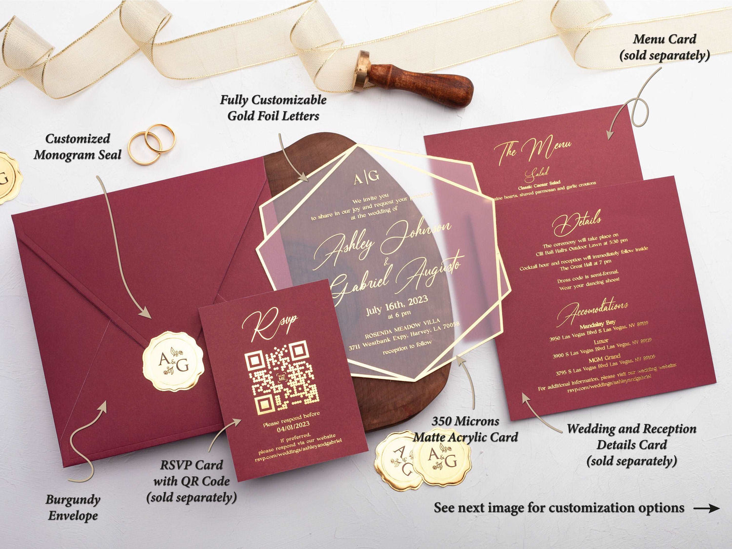 Elegant Acrylic Invite with Gold Foil and Deep Burgundy Envelope - LA Invitations Co