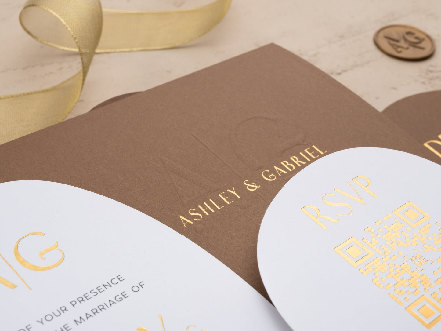 Modern-Shaped Wedding Invite in Rich Brown and Gold Foil - LA Invitations Co